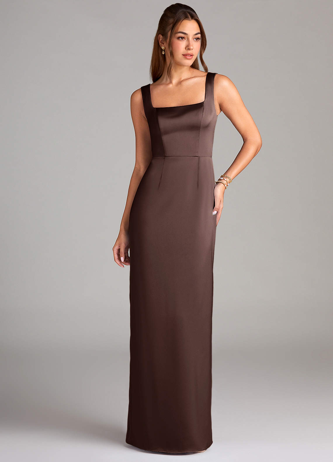 Azazie Flori Bridesmaid Dresses Ganache Sheath Side Slit Stretch Satin Dress image1