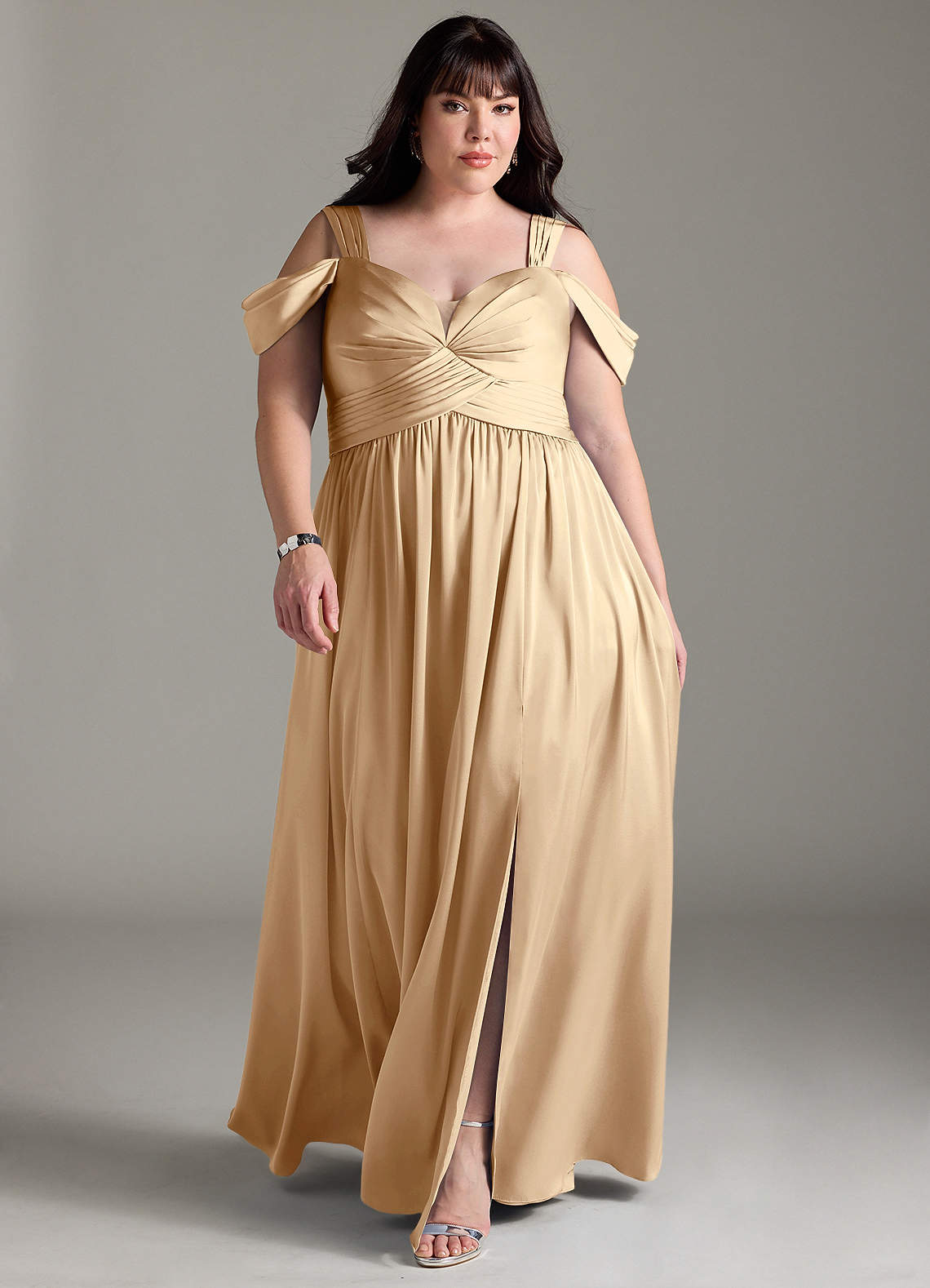 Azazie Lianne Bridesmaid Dresses Champagne A-Line Off the Shoulder Stretch Satin Dress image1