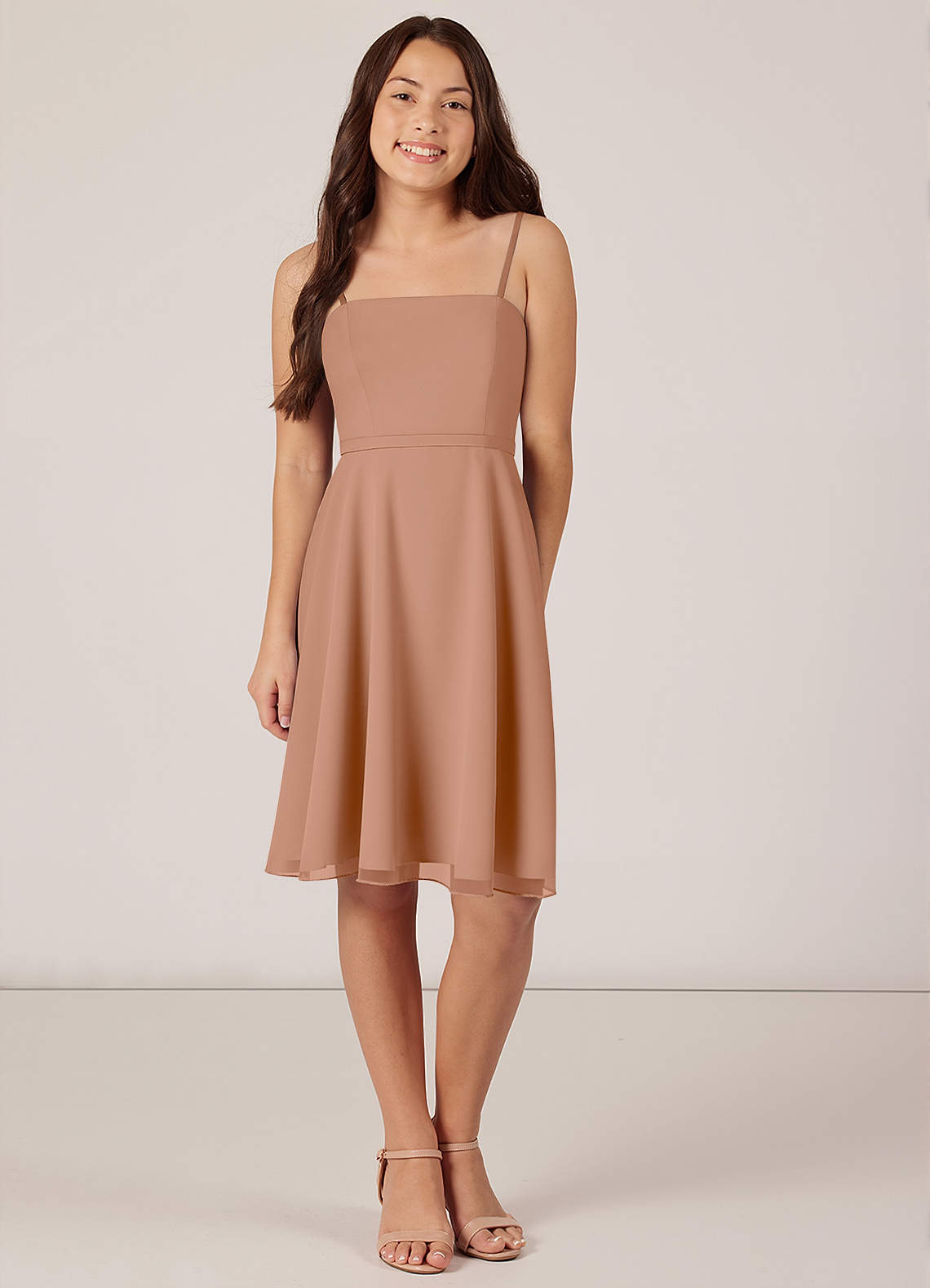 Azazie Kalie Junior Champagne Rose A-Line with Belt Chiffon Dress image1