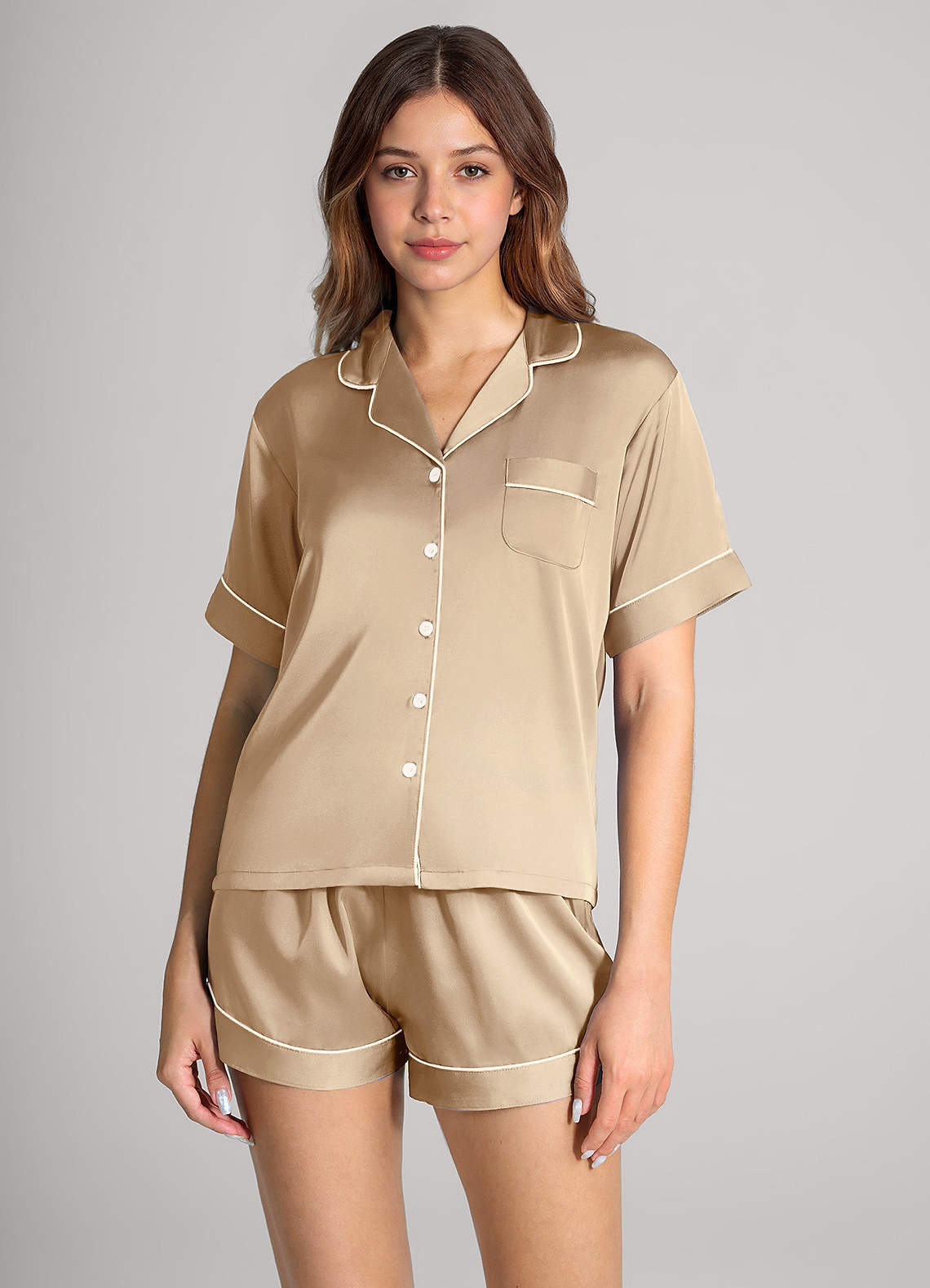 front Satin Contrast Piping Pajama Set