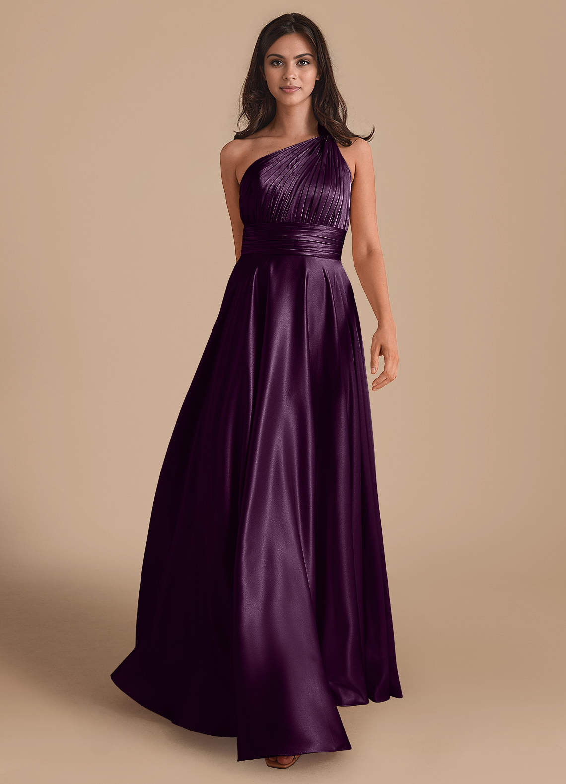 Azazie Charlize Bridesmaid Dresses Plum A-Line One Shoulder Metallic Satin Dress image1