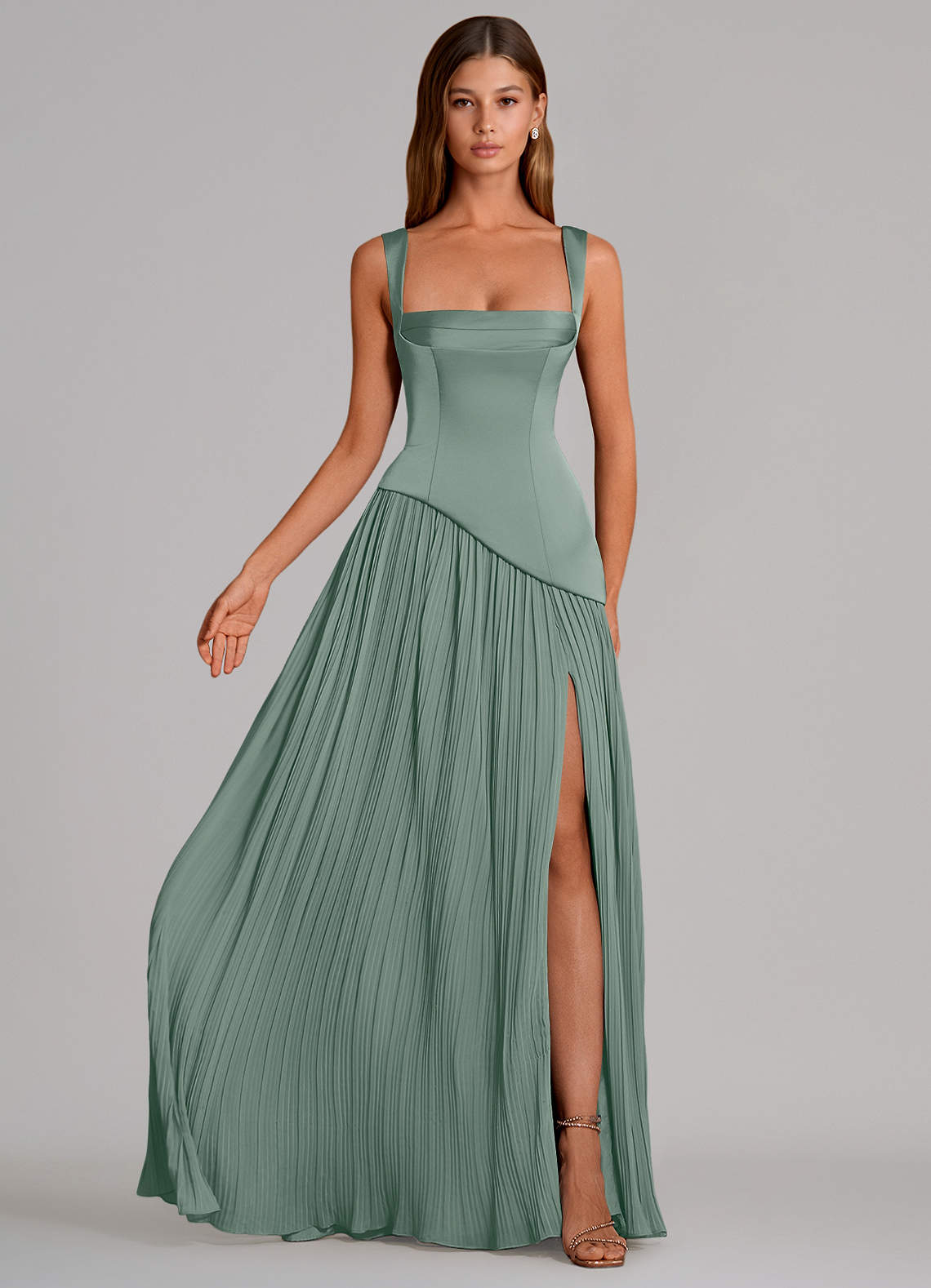 Azazie Stephanie Kjoler til hjemmeprøvning En streg Plisseret Stræk satin Gulv-længde Kjole image3