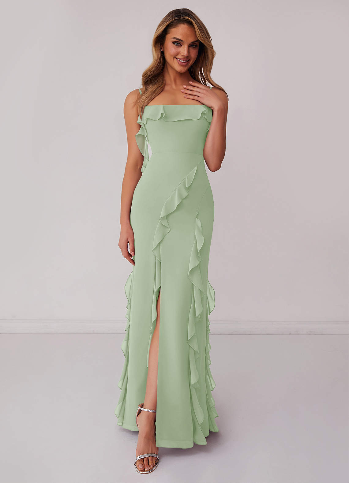Dusty Sage A-Line Halter Corset Ruffled Long Chiffon Bridesmaid Dress with Slit