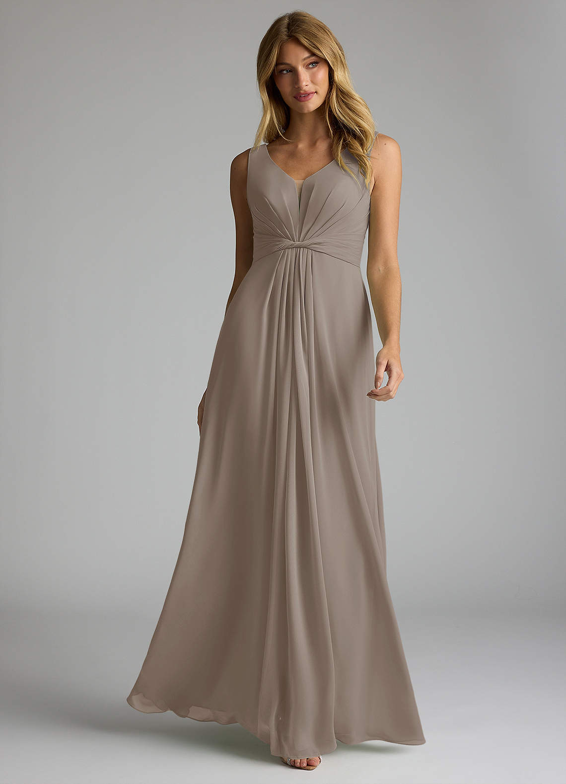 Azazie Gina Bridesmaid Dresses Taupe A-Line V-Neck Pleated Chiffon Dress image1