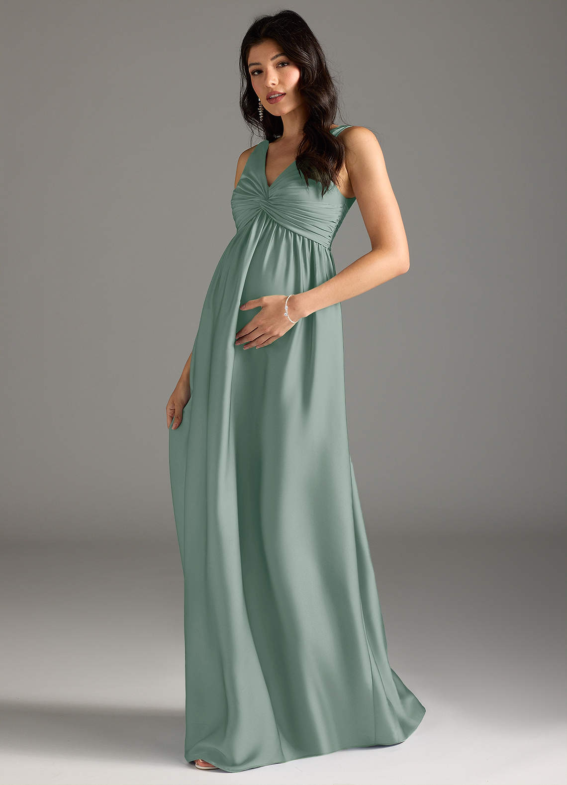 grey maternity bridesmaid dress Azazie A-Line/Princess V-Neck Floor-Length Stretch Satin Maternity Bridesmaid Dresses