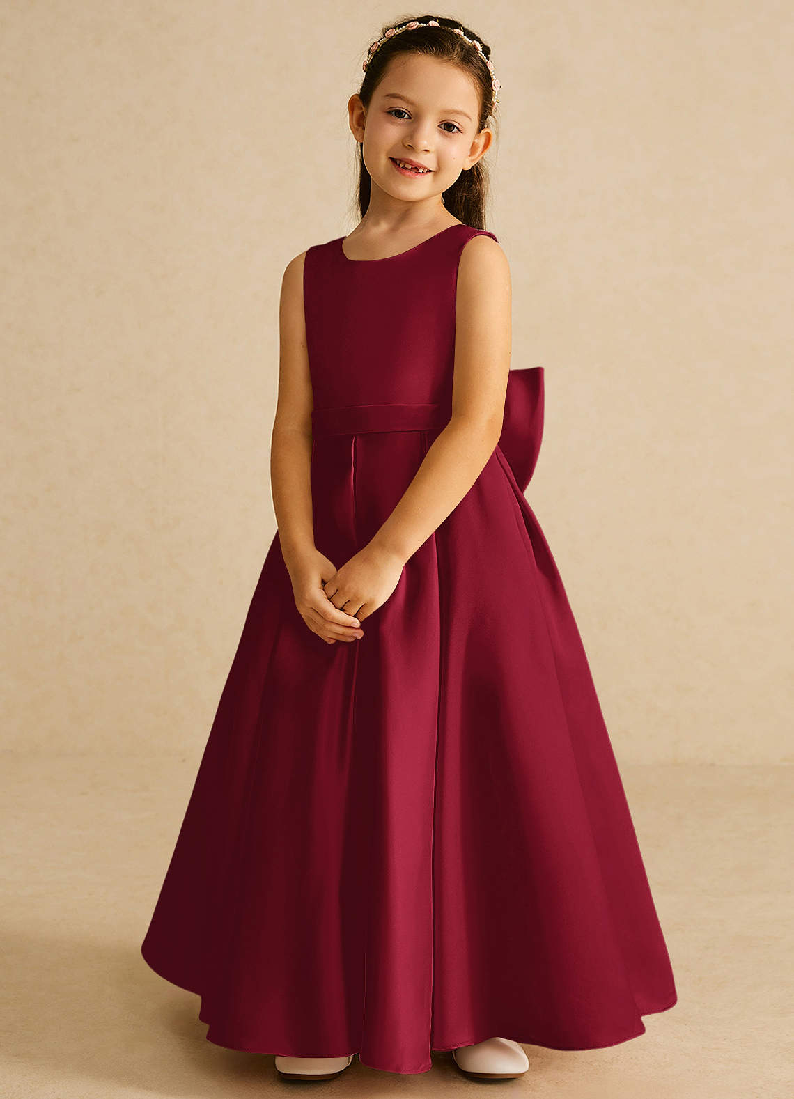 Azazie Pipsy Flower Girl Dresses Burgundy A-Line Bow Matte Satin Dress image3