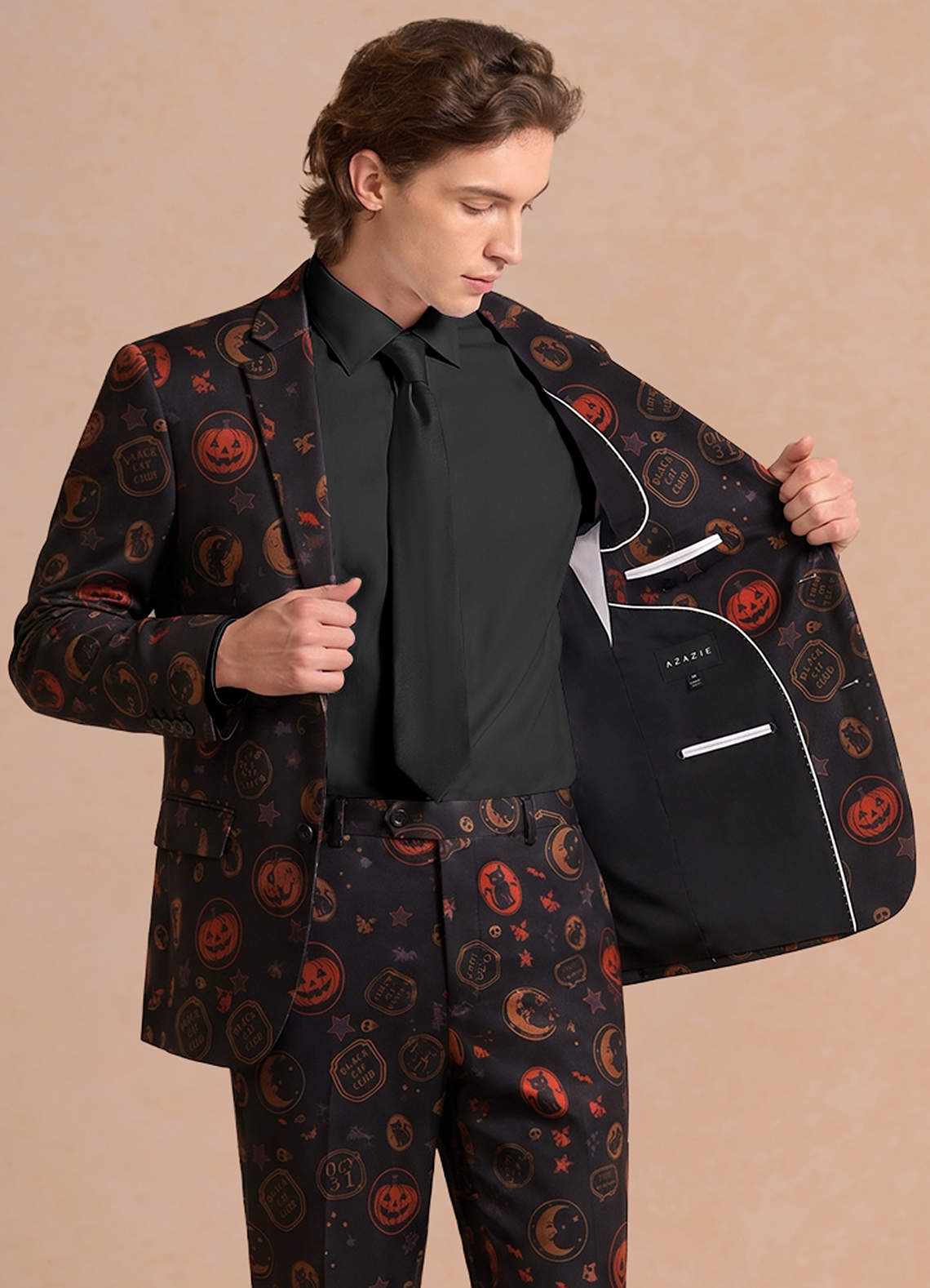 front Caleb Black Vintage Halloween Print Suit