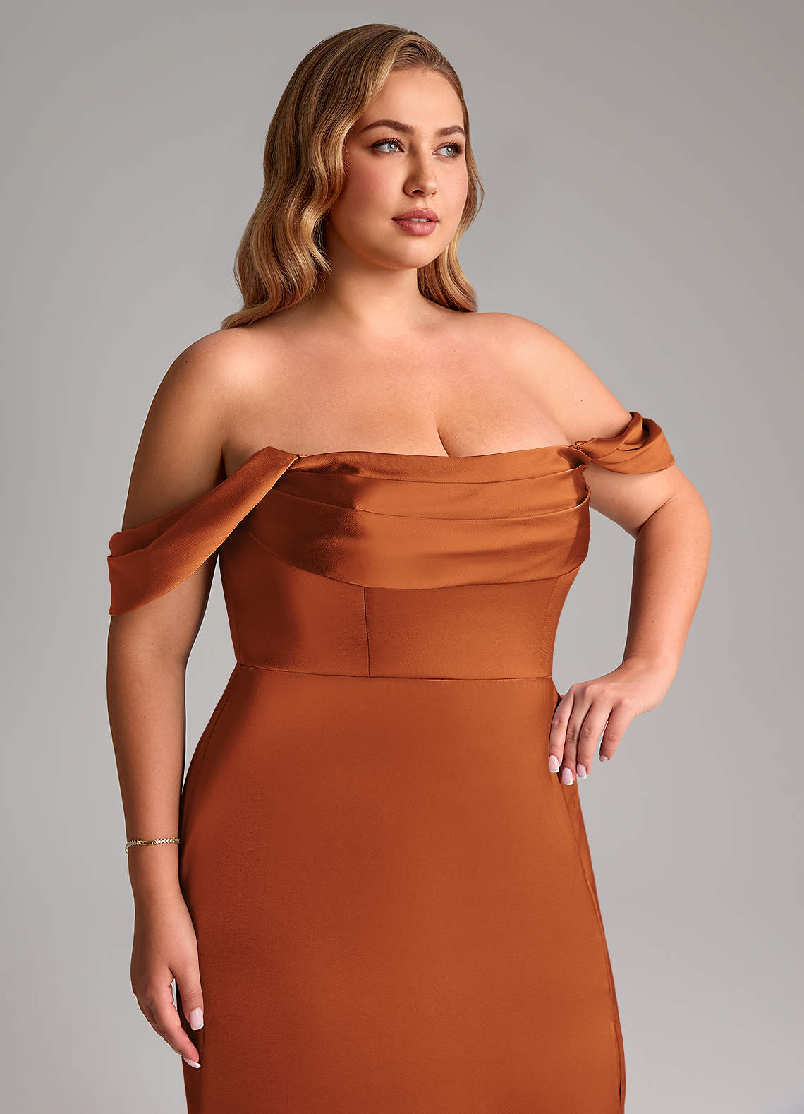 Azazie Saige Bridesmaid Dresses Cinnamon Sheath Off the Shoulder Stretch Satin Dress image13