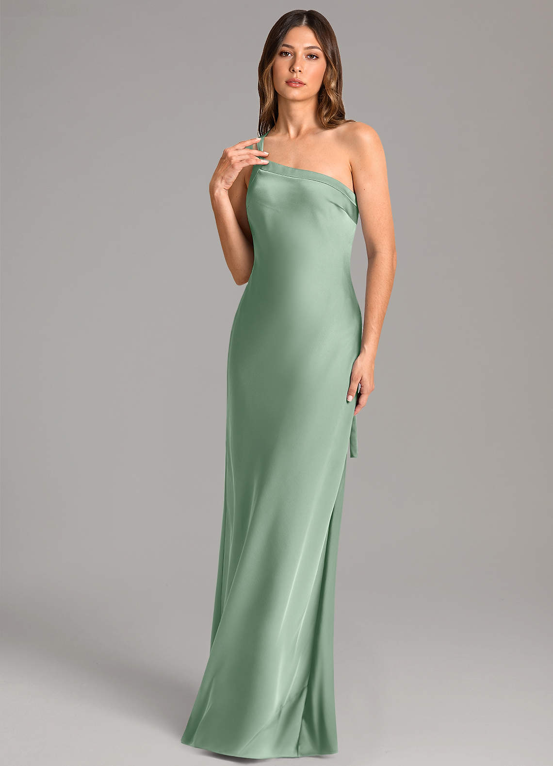 Azazie Monroe Jurken voor bruidsmeisjes Jurk van Stretch Satijn met Zeemeermin One-Shoulder Agave image1