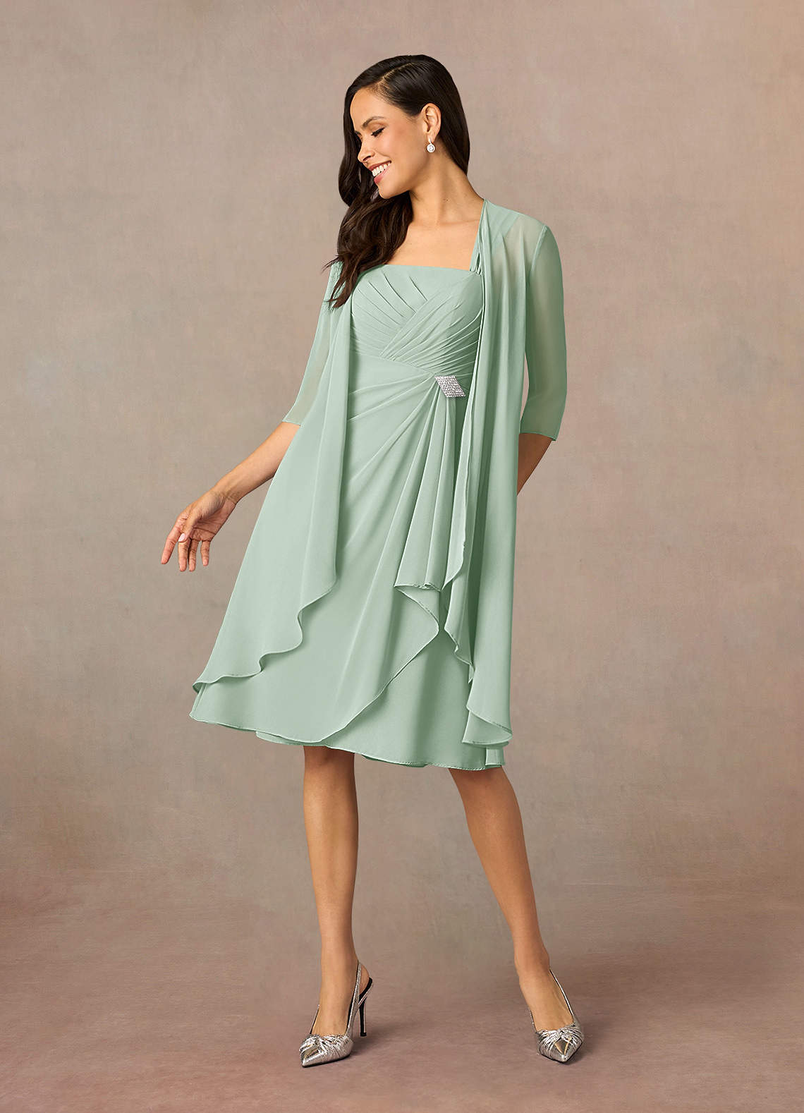 Azazie Olivia At-home Try On Dresses Agave A-Line Square Neckline Pleated Chiffon Dress image1