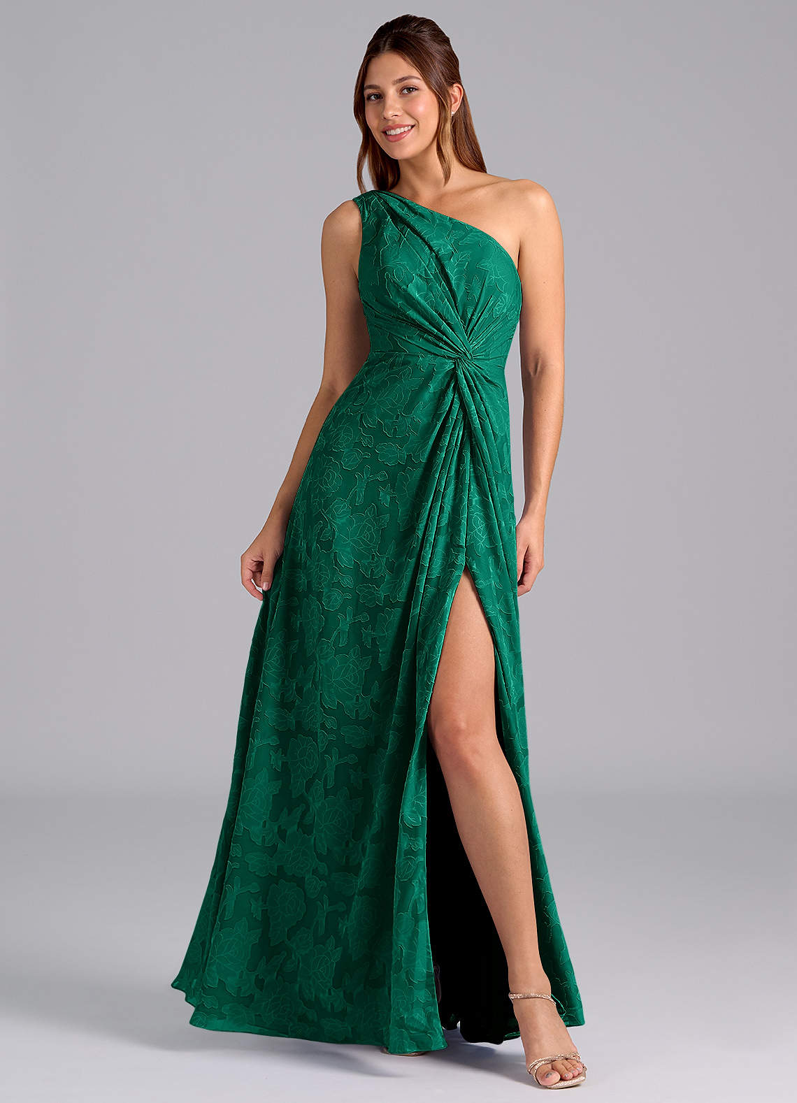 Azazie Brooke Bridesmaid Dresses Emerald A-Line One Shoulder Floral Burnout Dress image1