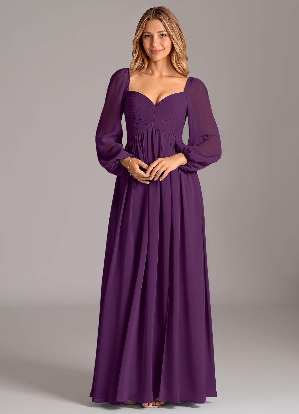 grape purple bridesmaid dresses Azazie A-Line V-Neck Long Sleeve Floor-Length Chiffon Bridesmaid Dresses