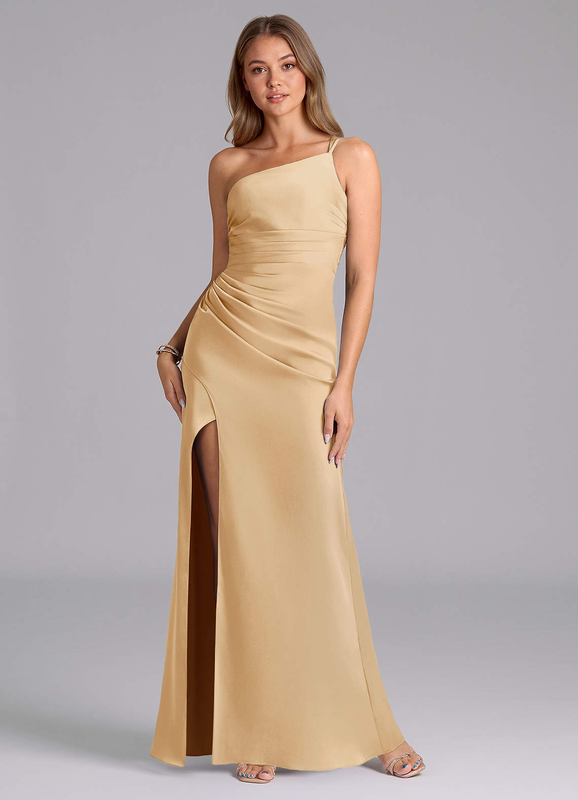 Azazie Eren Bridesmaid Dresses Gold Mermaid One Shoulder Stretch Satin Dress image1