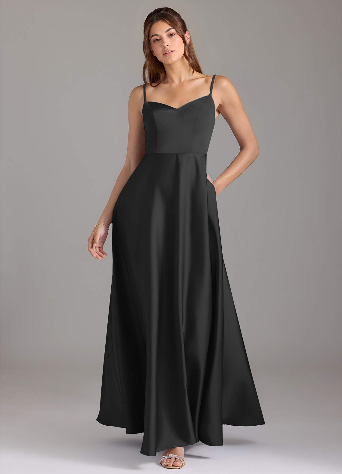 Azazie Marley Bridesmaid Dresses Black A-Line Off the Shoulder Stretch Satin Convertible Dress image1