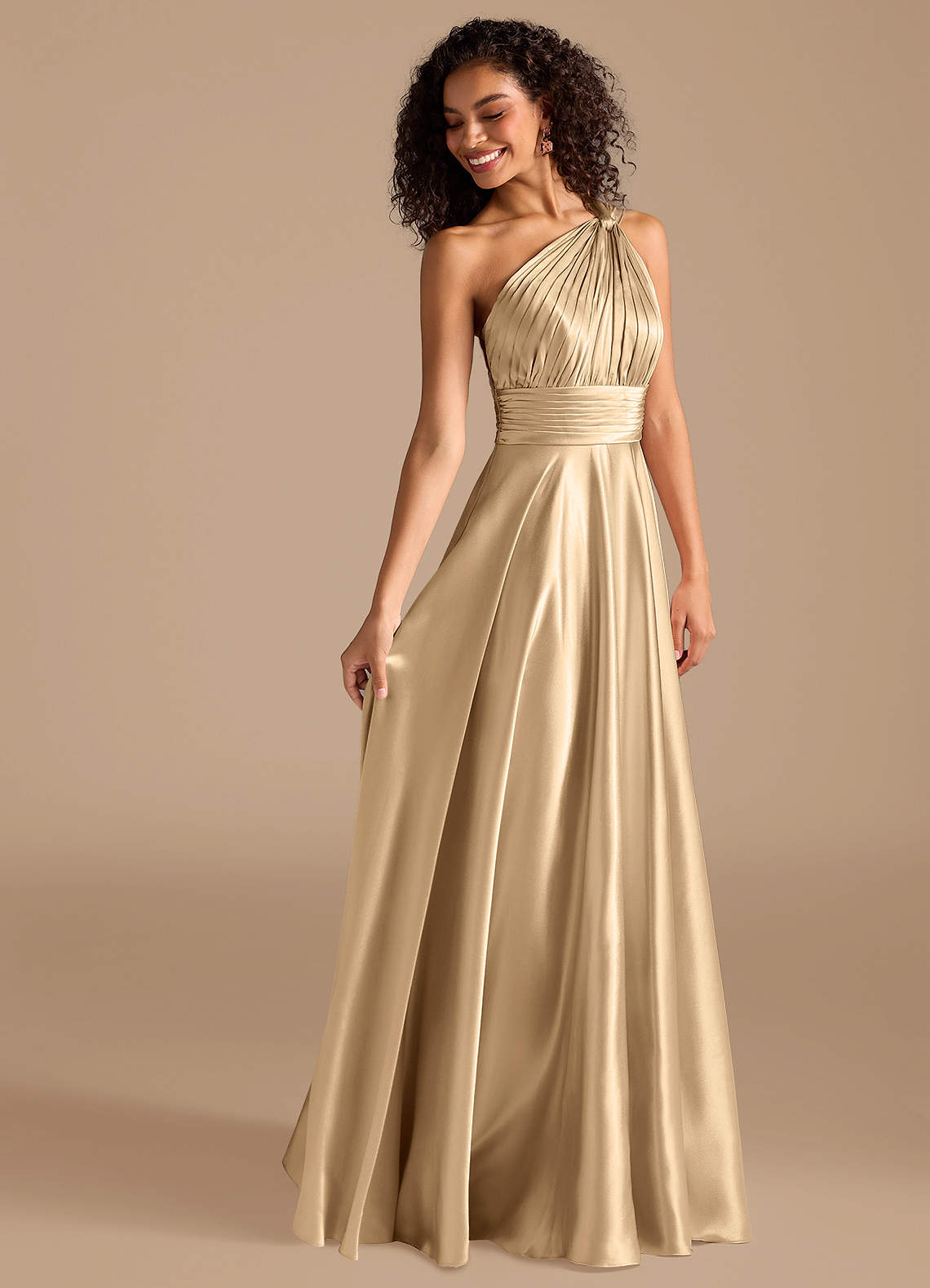 Azazie Charlize Bridesmaid Dresses Champagne A-Line One Shoulder Metallic Satin Dress image5
