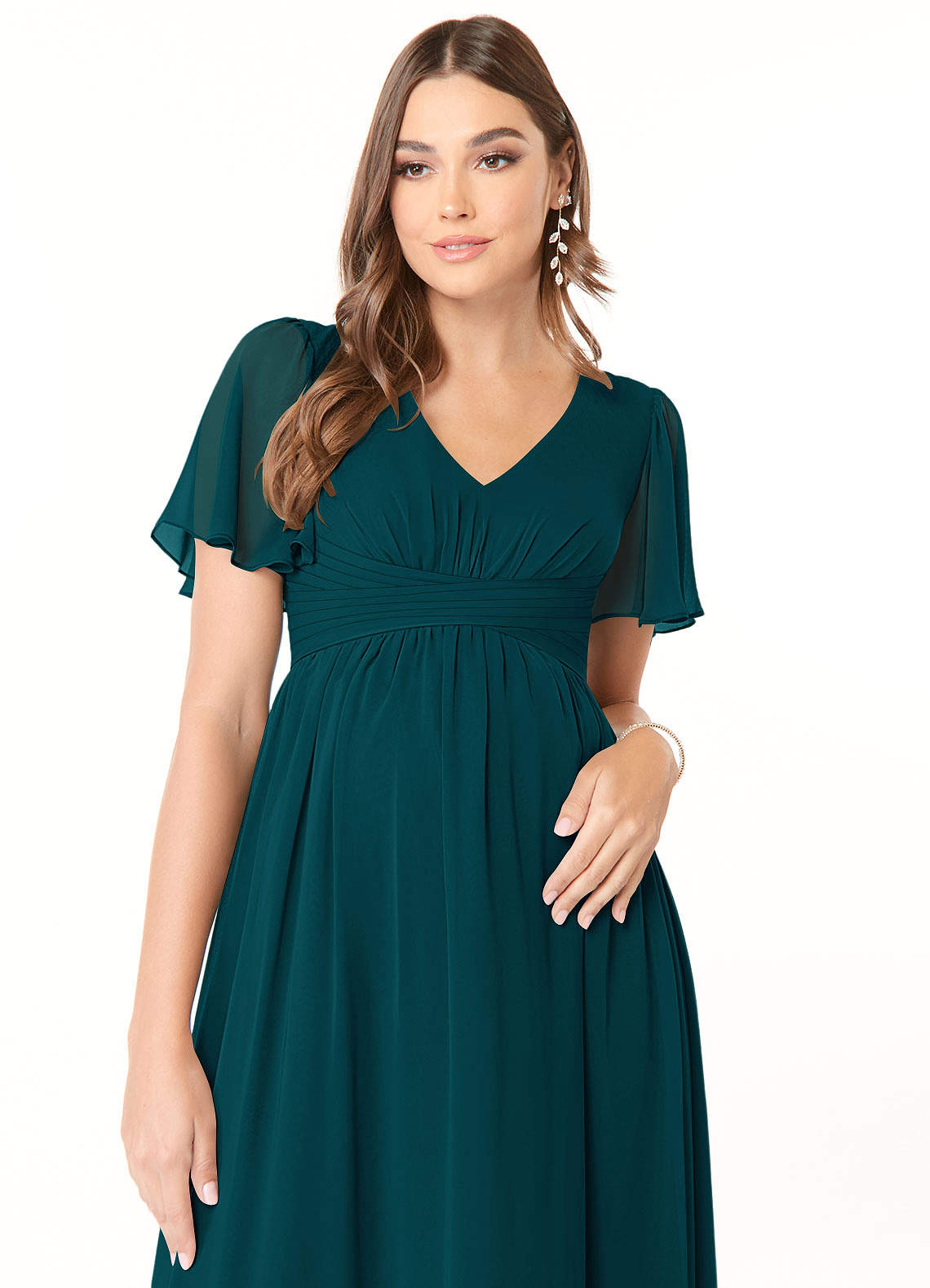Azazie Verna vestidos de dama de honor de maternidad Vestido de Corte en A Cuello en V fruncido Hasta el suelo Gasa image4