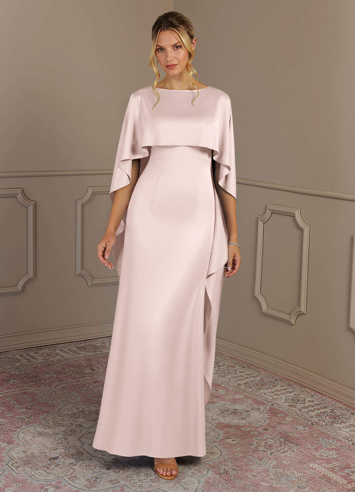 pink sheath dress formal Margaux Long Sheath Dress in Blush Pink With Blue Accent and Embellishment, 0