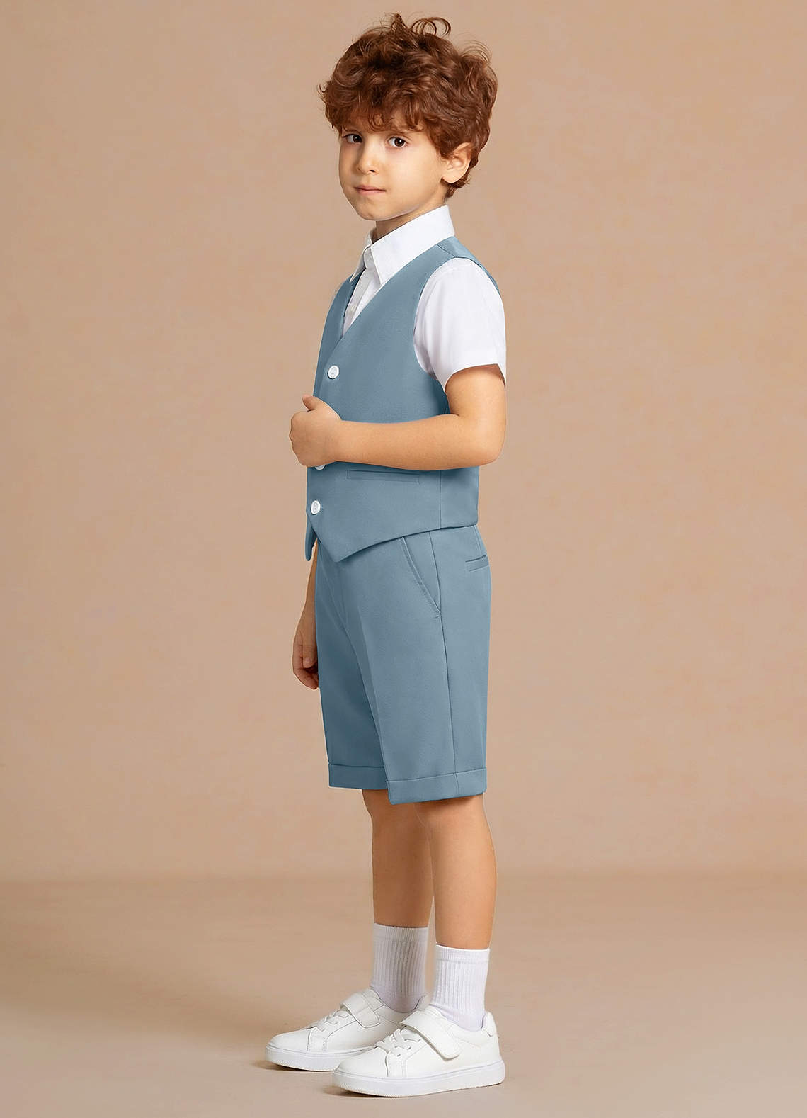 front Oliver Azul Claro Conjunto de 4 piezas de chaleco y pantalones cortos para niño