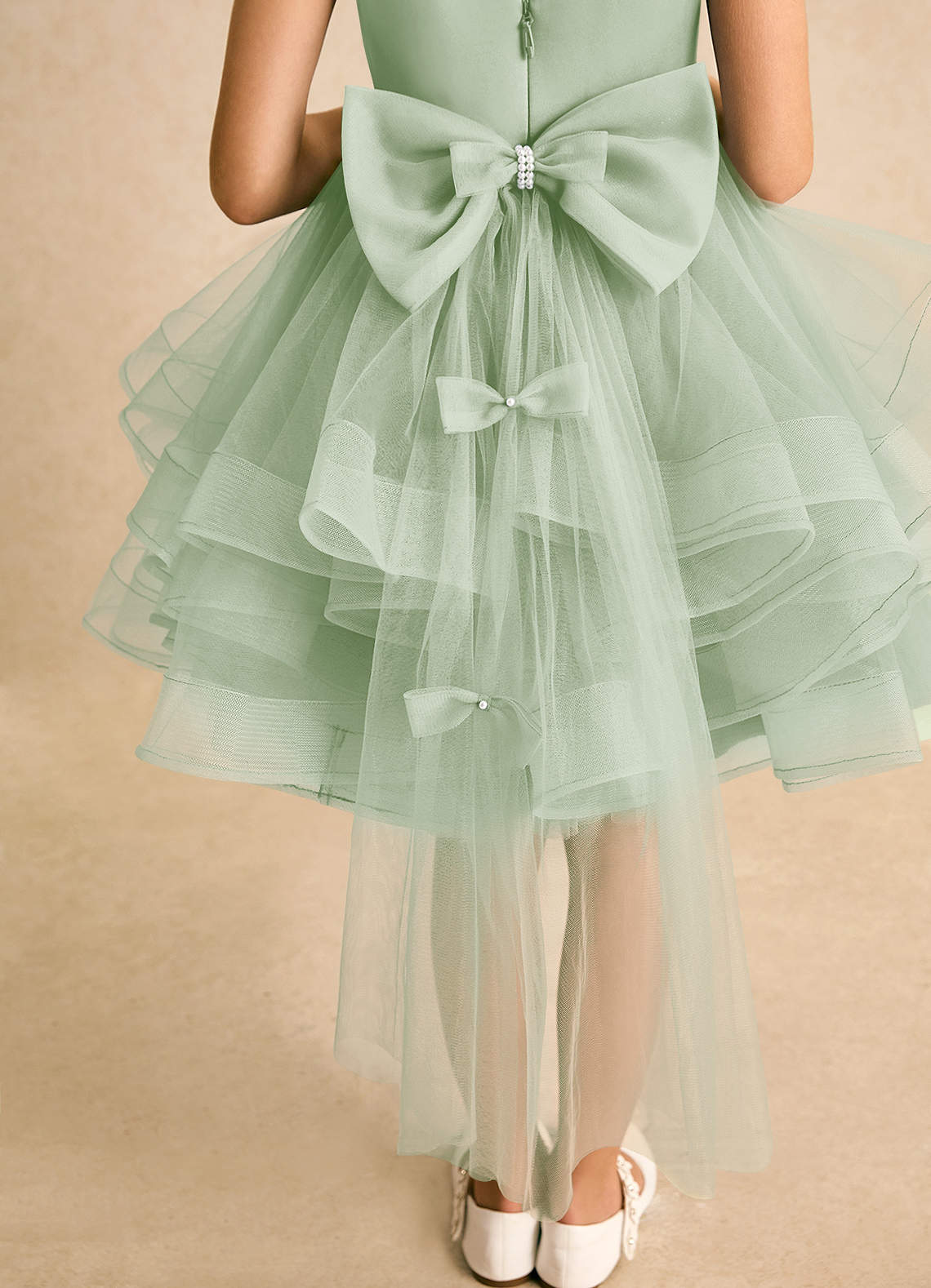 Azazie Tinie Flower Girl Dresses Dusty Sage Ball-Gown Bow Tulle Dress image6