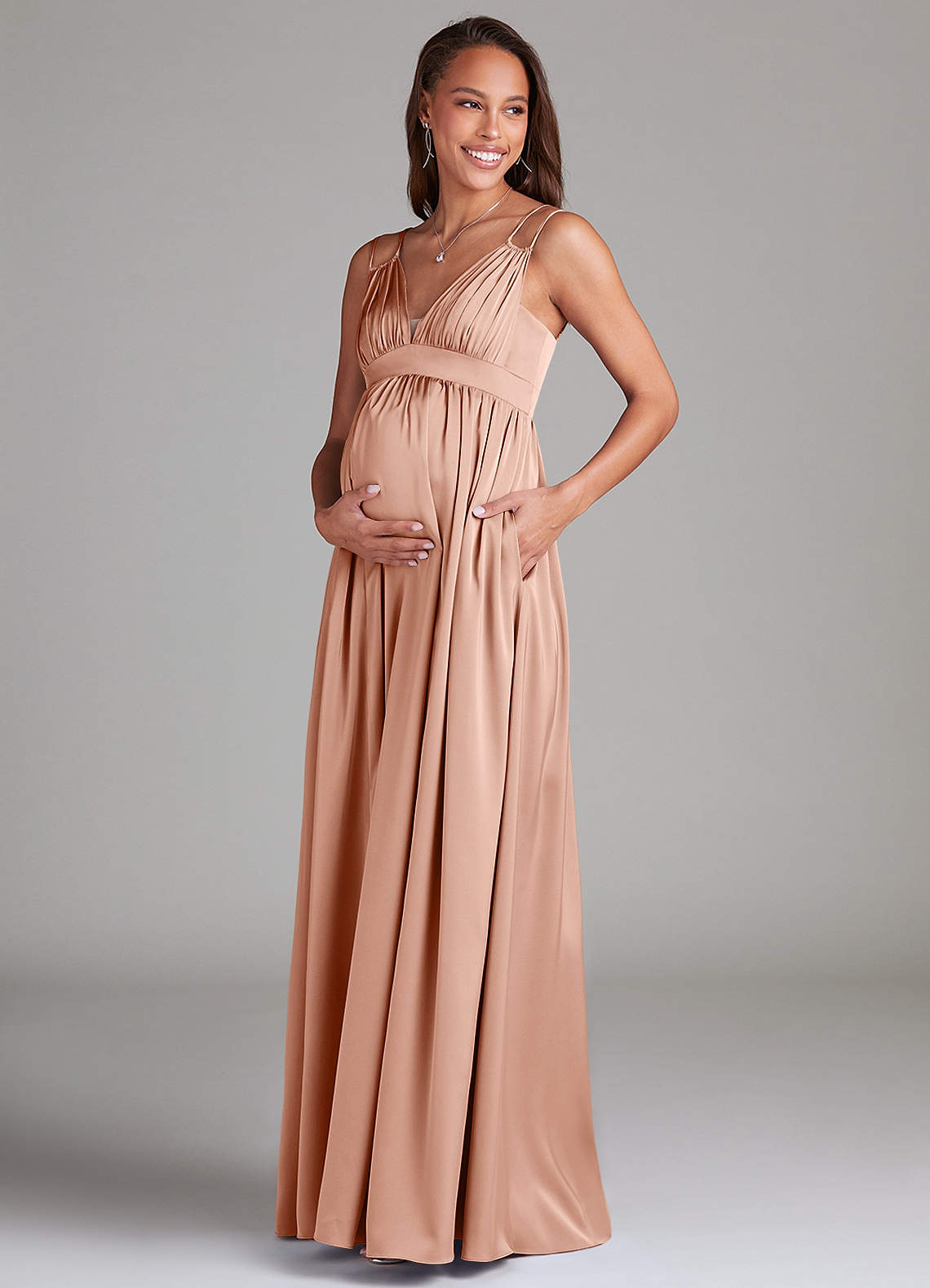 Azazie A-Line V-Neck Floor-Length Tulle Maternity Bridesmaid Dresses - Rose Gold