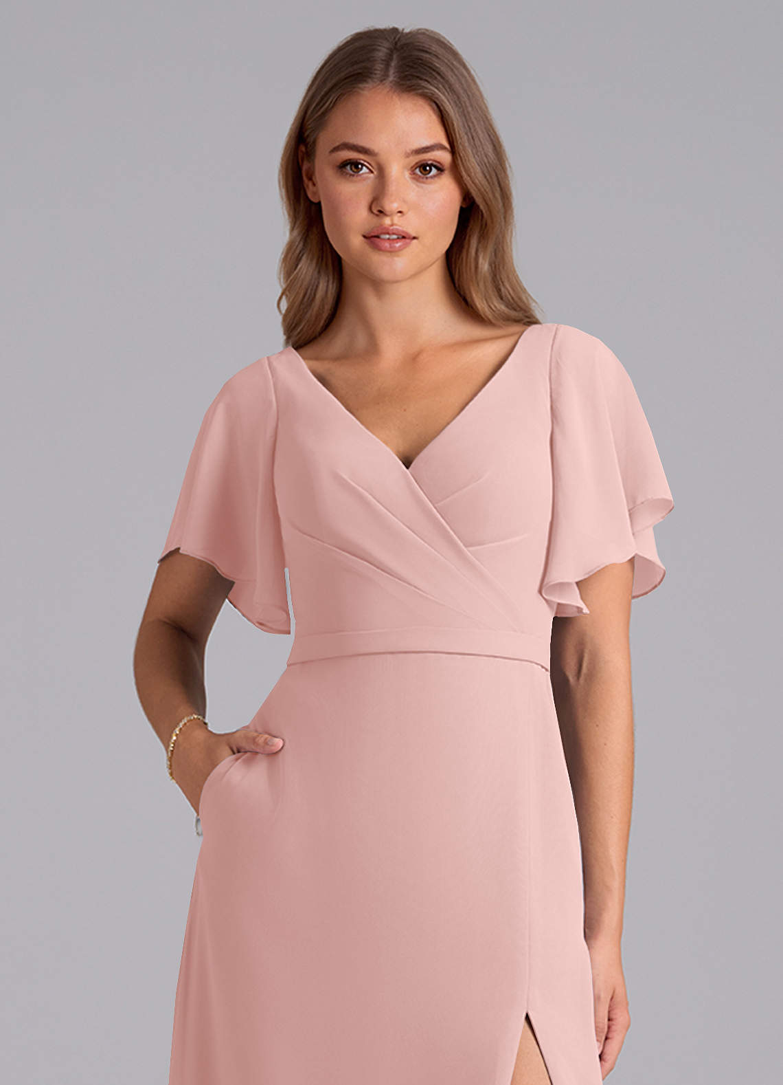 Azazie Ambrosia Bridesmaid Dresses Powder Pink A-Line Pleated Chiffon Dress image1