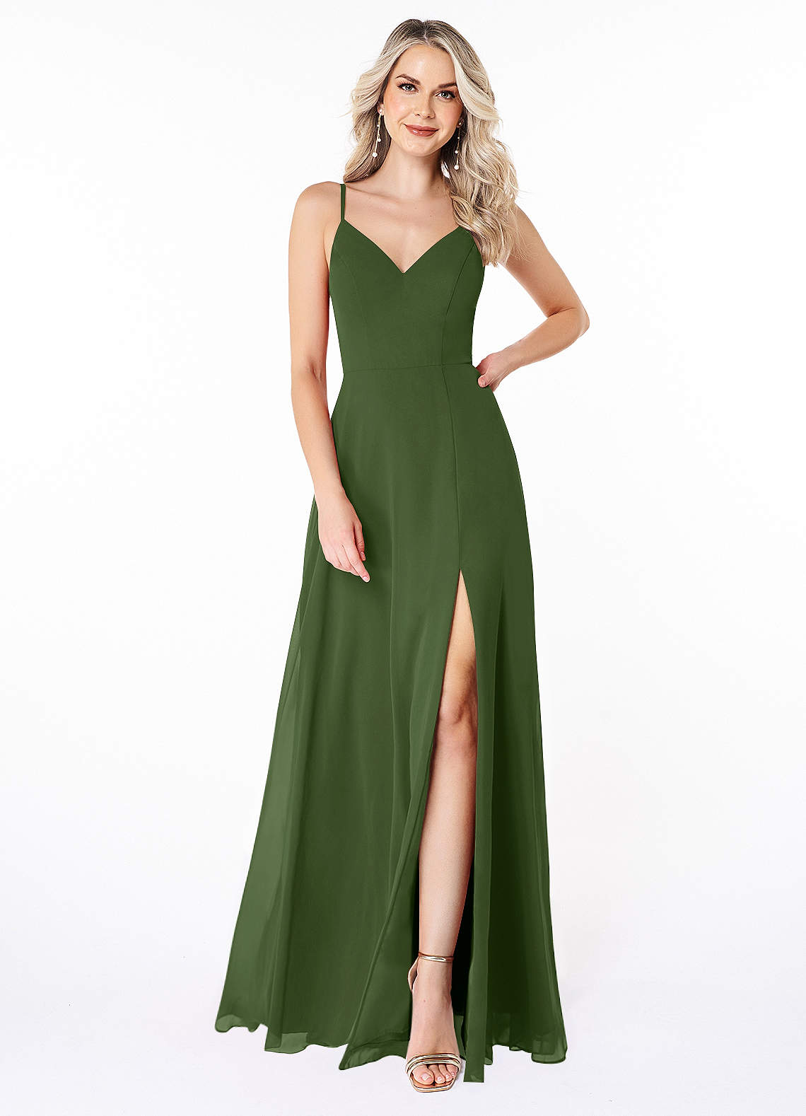 Azazie Lena Bridesmaid Dresses Olive A-Line Lace Chiffon Dress image1
