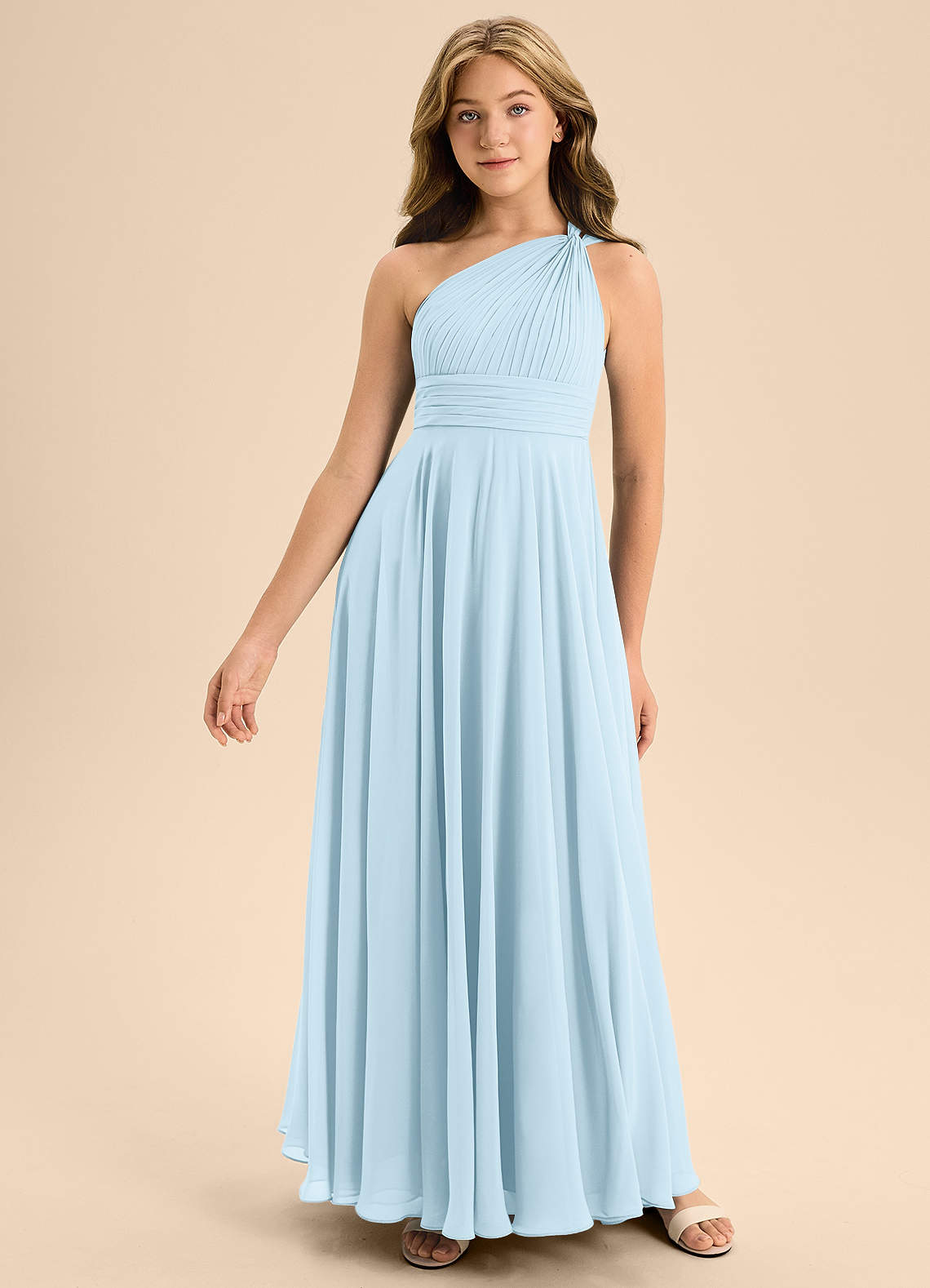 Azazie Charlize Junior Abito A-Line in Chiffon Plissettato Azzurro image2