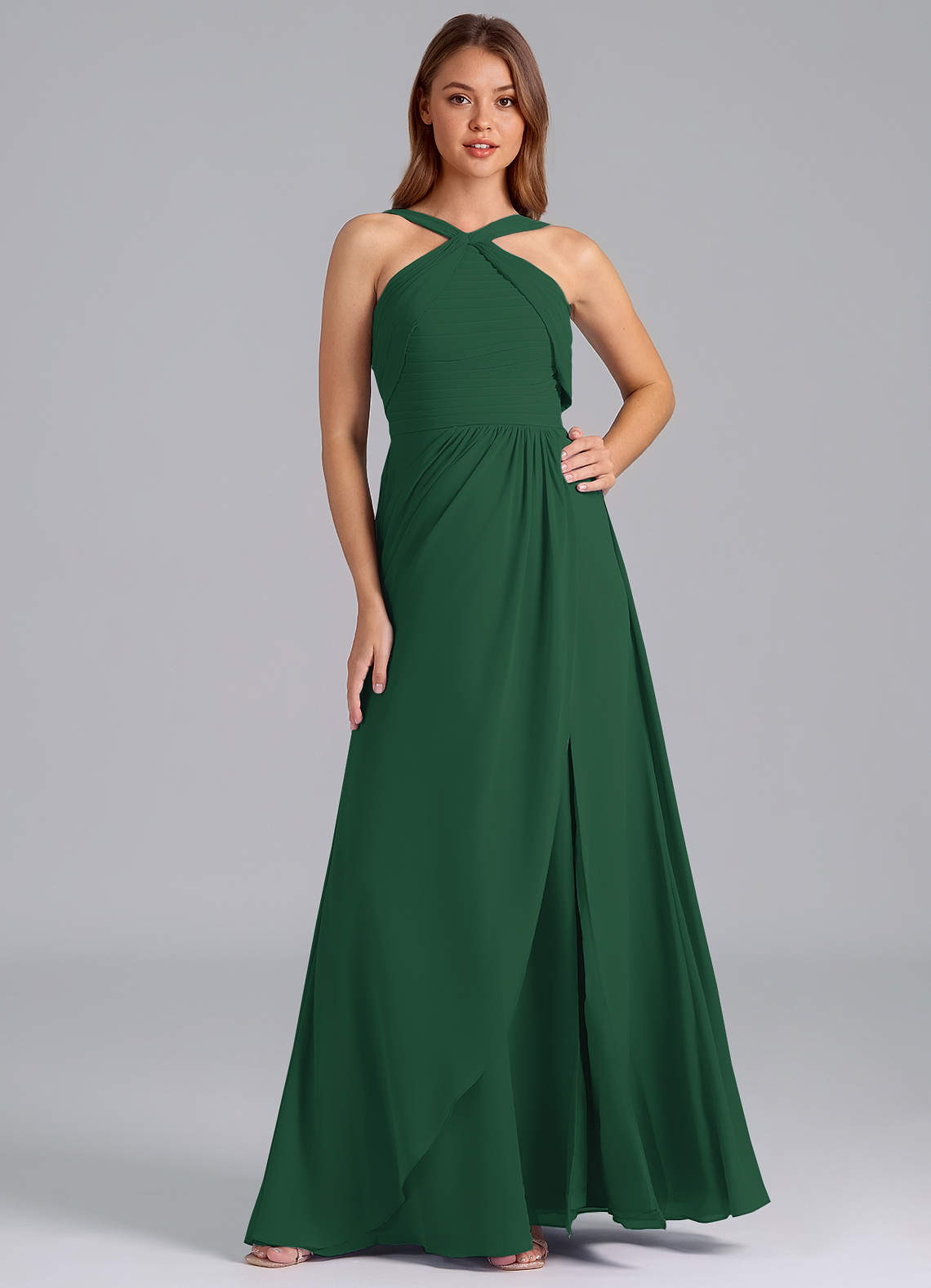 Azazie Mianna Bridesmaid Dresses Dark Green A-Line Pleated Chiffon Dress image1