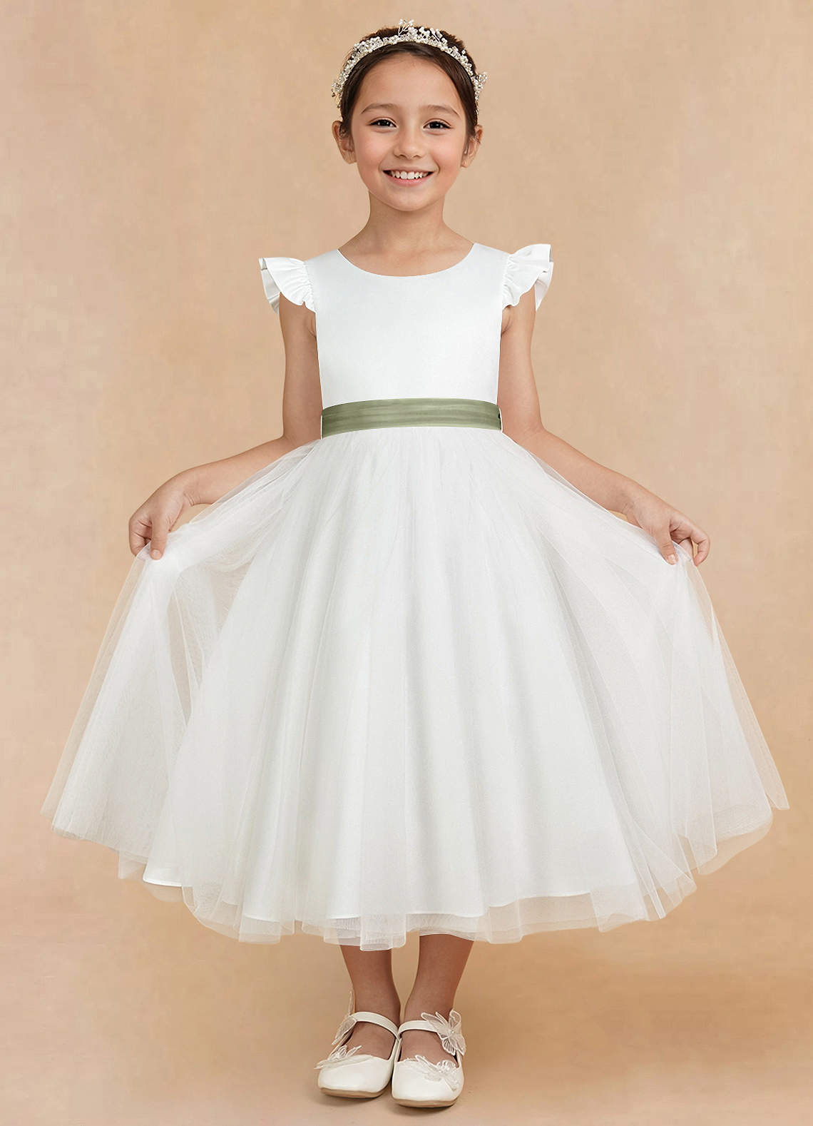 Azazie Hemi Flower Girl Dresses Ivory Pistachio A-Line Bow Tulle Dress image2