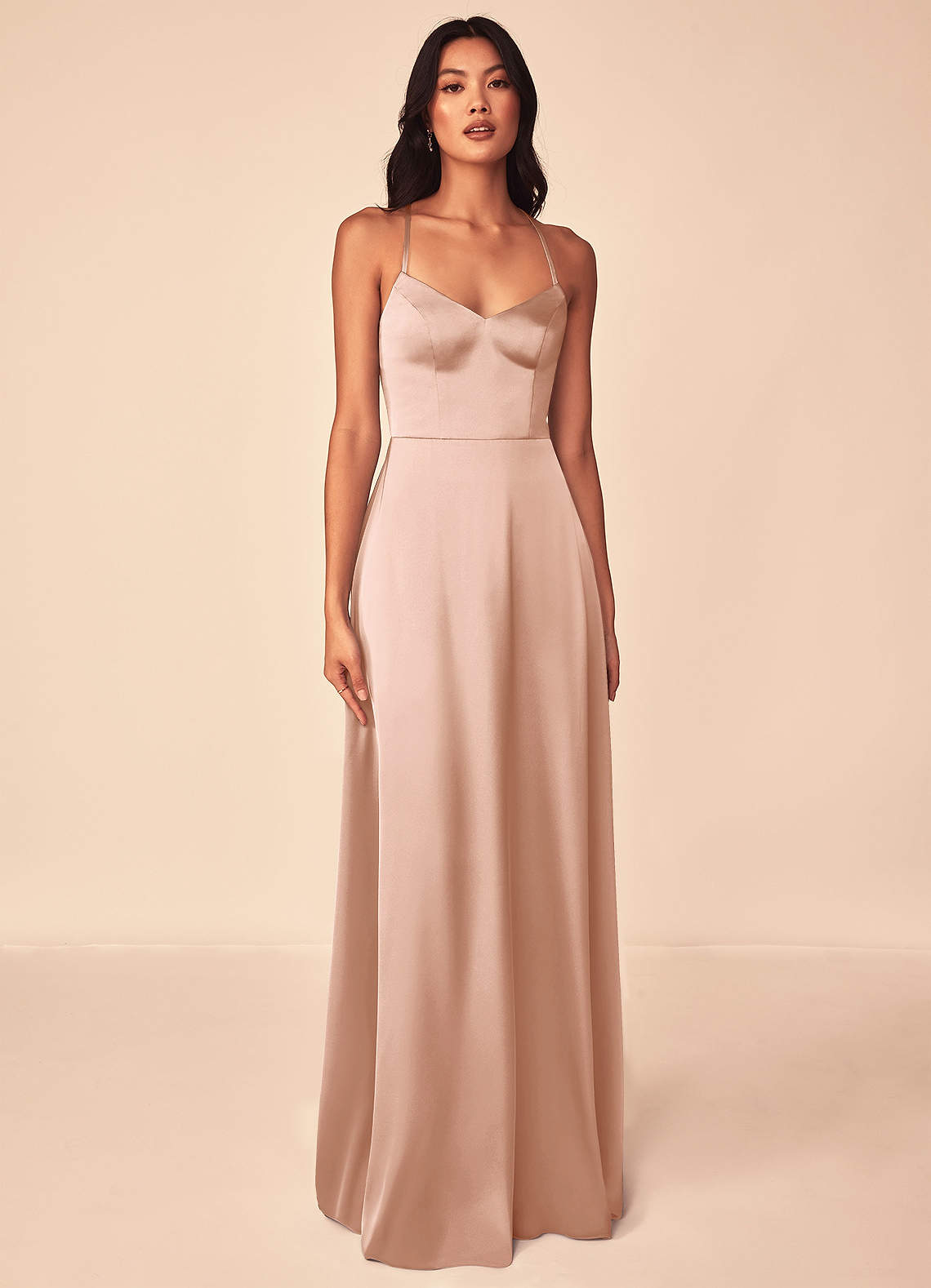 Azazie Mei Robes de demoiselle d'honneur Robe Trapèze en Satin extensible Col en V Or Rose image1
