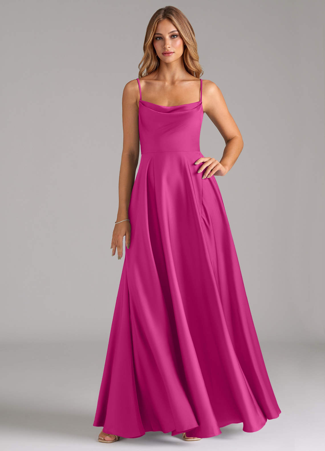 Azazie Elle Bridesmaid Dresses Fuchsia A-Line Pleated Stretch Satin Dress image1