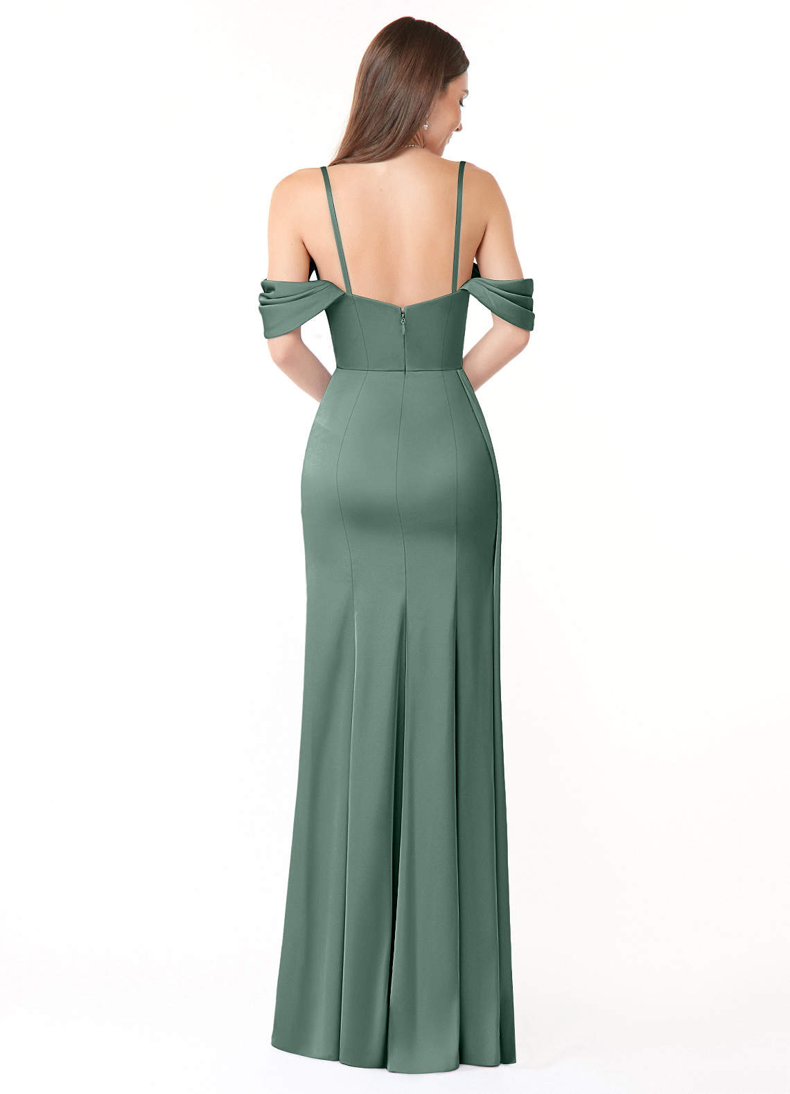 Azazie Amyra Bridesmaid Dresses Eucalyptus Mermaid Off the Shoulder Stretch Satin Convertible Dress image5
