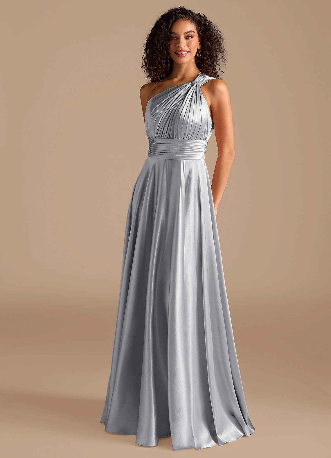Azazie Charlize Bridesmaid Dresses Silver A-Line One Shoulder Metallic Satin Dress image1