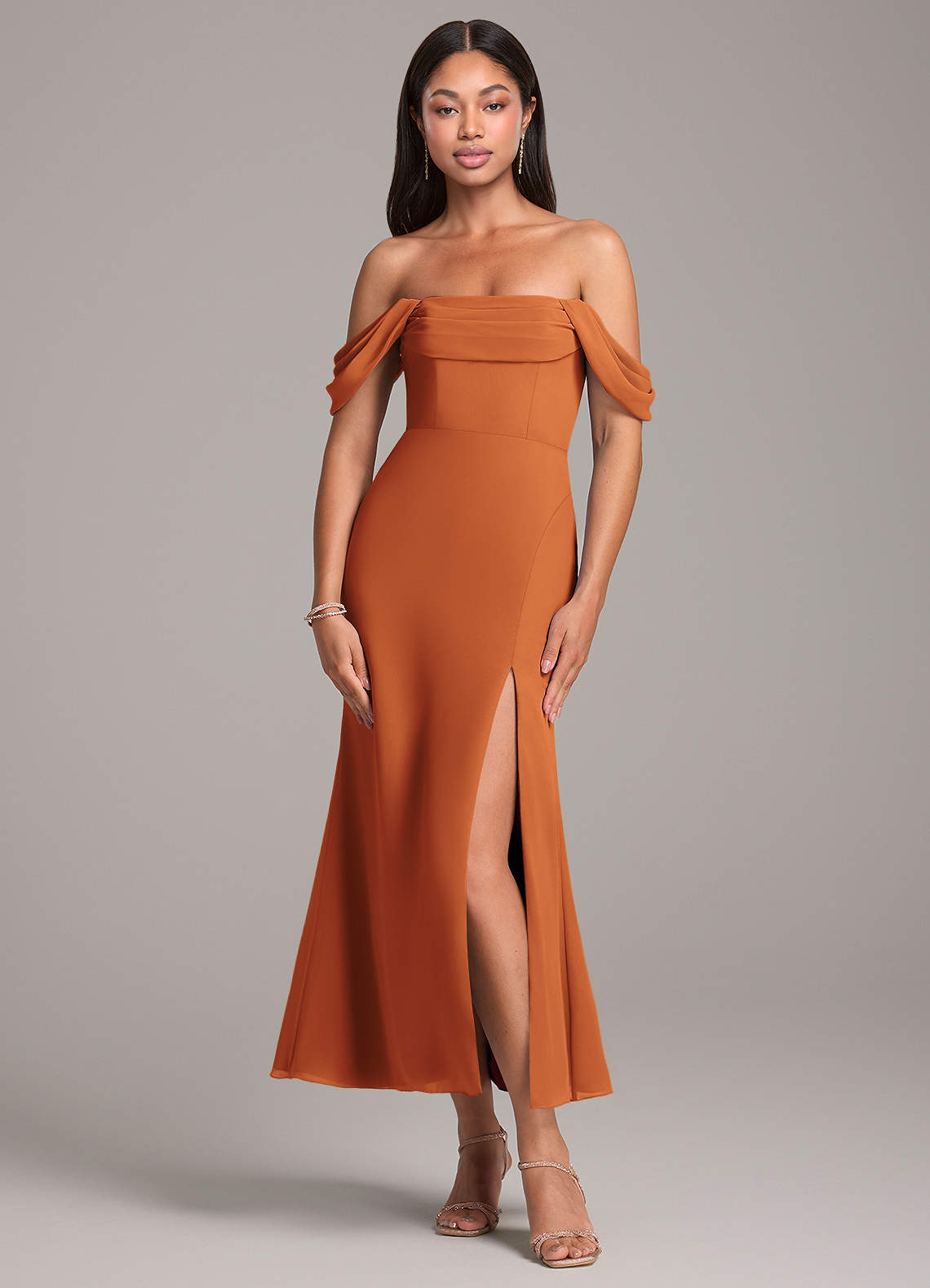 Azazie Saige Bridesmaid Dresses Cinnamon Sheath Off the Shoulder Chiffon Convertible Dress image1