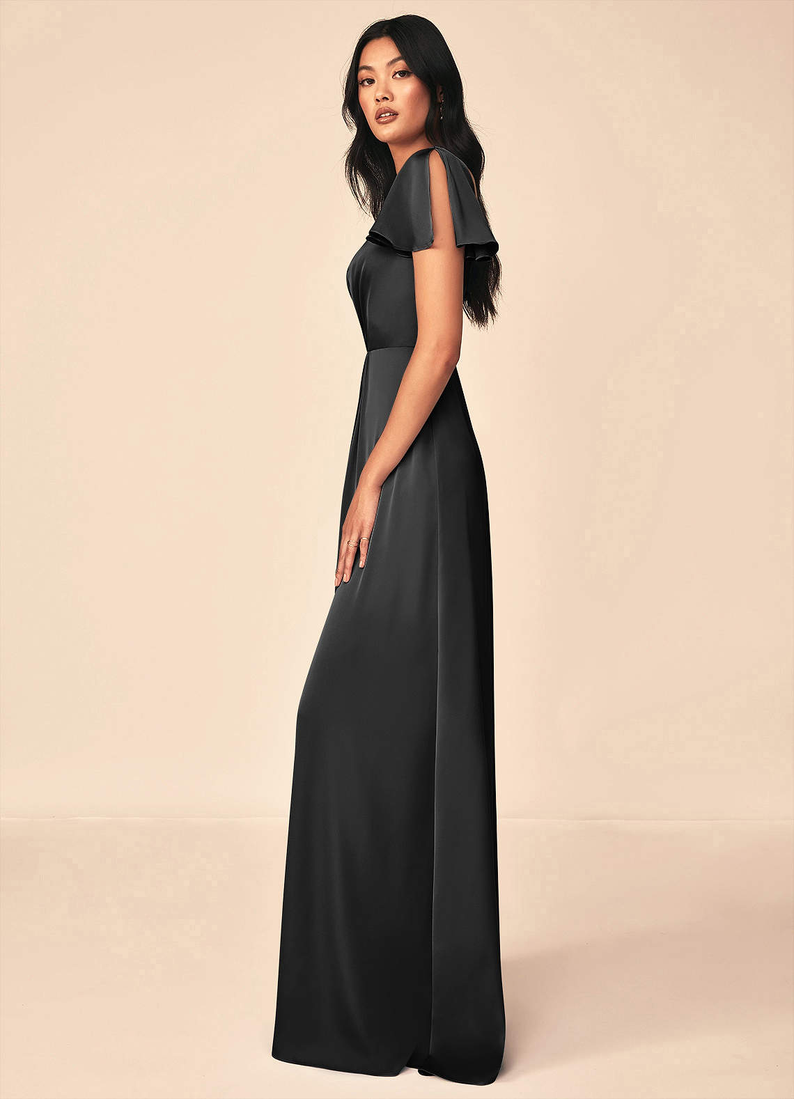 Azazie Soren Bridesmaid Dresses Black A-Line Pleated Stretch Satin Dress image2