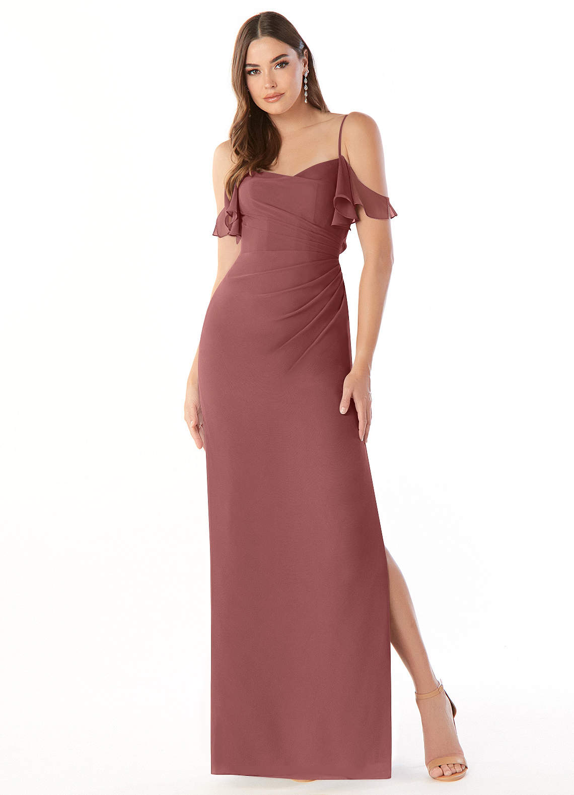 Azazie Emeralda At-home Try On Dresses Amethyst Sheath Off the Shoulder Chiffon Dress image2