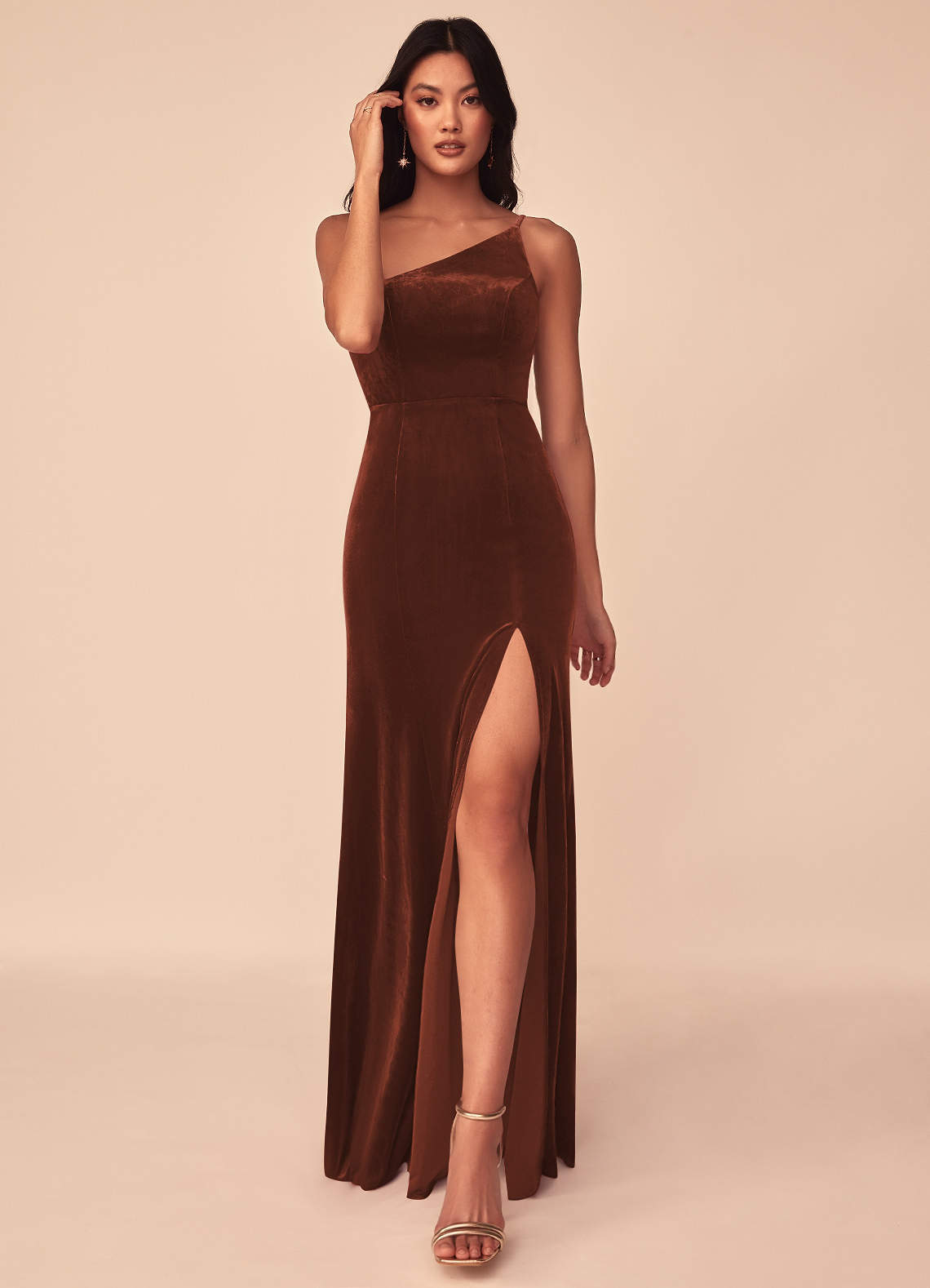 Azazie Kala Bridesmaid Dresses Terracotta A-Line One Shoulder Velvet Dress image1