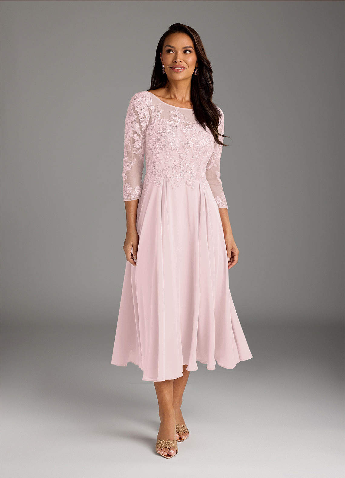 Azazie Marge Mother of the Bride Dresses Blushing Pink A-Line Scoop Lace Chiffon Dress image1