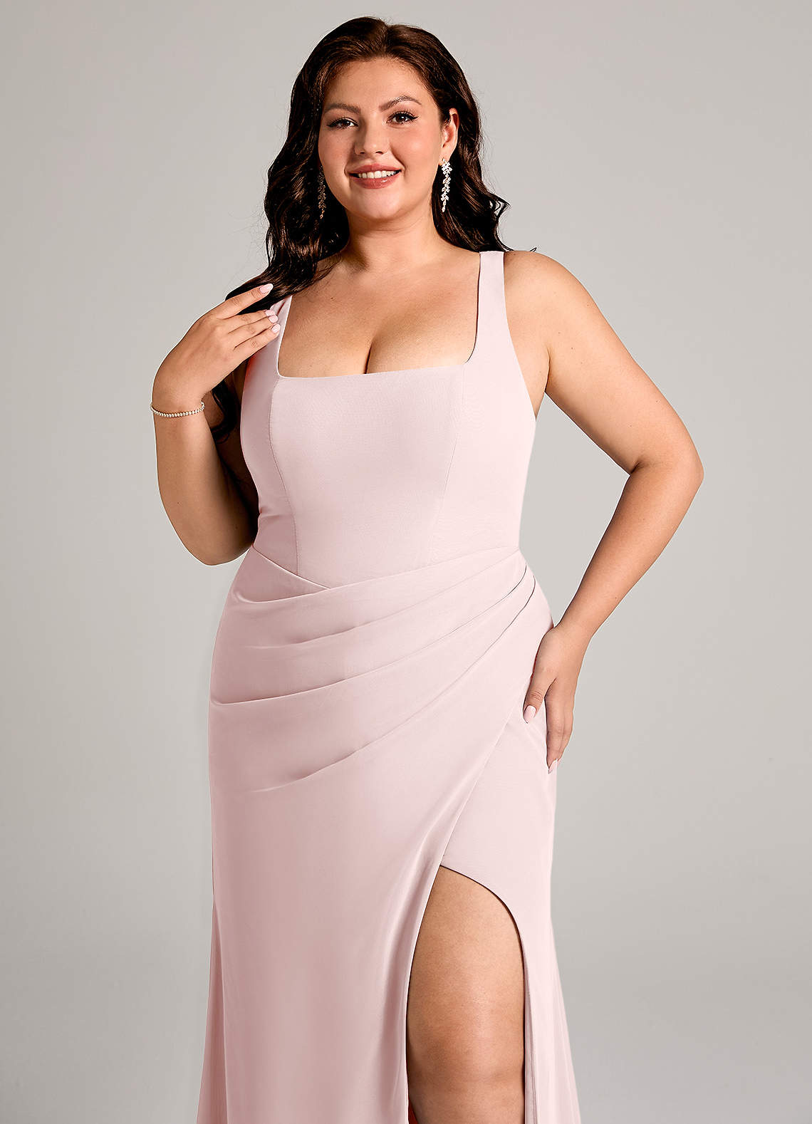 plus size pink chiffon dress Plus Size Elegant Pink Chiffon Asymmetric Ruffle Hem High Slit Dress, Suitable For Vacation, Travel, Party, Formal Evening Gown