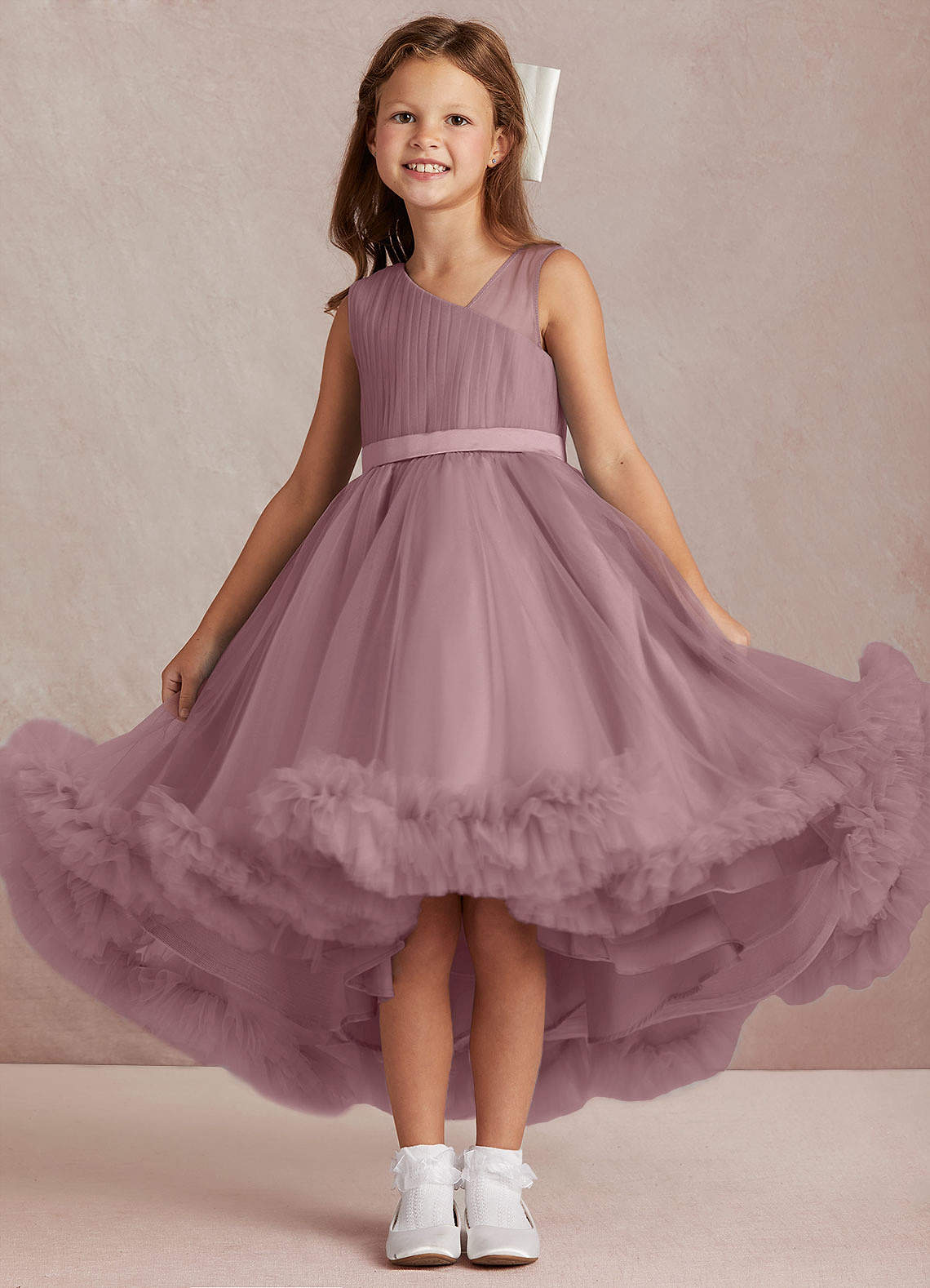 Azazie Lottie Flower Girl Dresses Dusty Rose A-Line One Shoulder Satin Dress image1