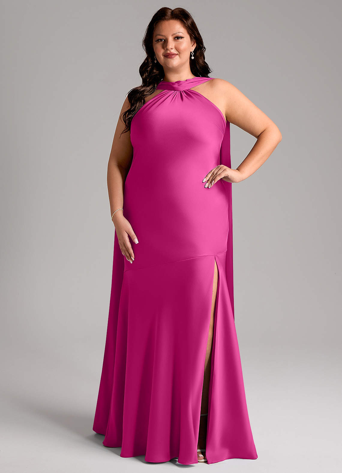 Azazie Kinsley Bridesmaid Dresses Fuchsia Mermaid Side Slit Stretch Satin Dress image1