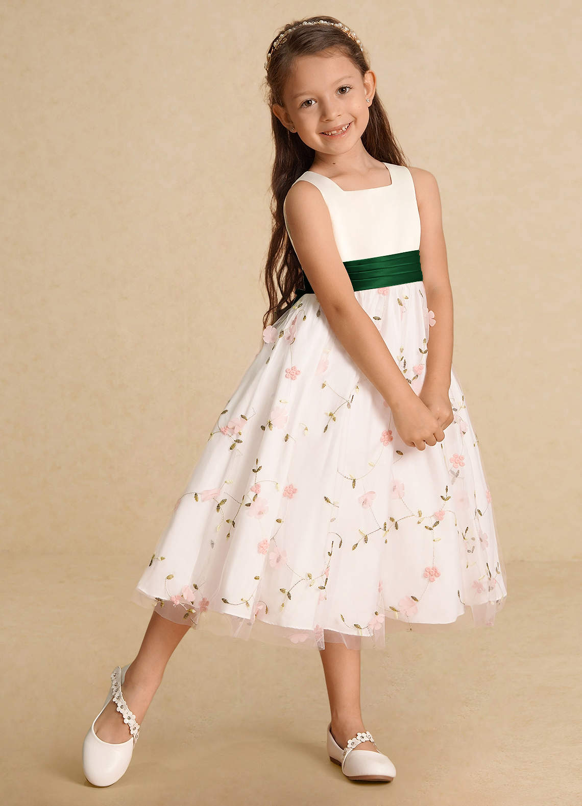 Azazie Pollie Flower Girl Dresses Blushing Pink Dark Green A-Line Bow Tulle Dress image7
