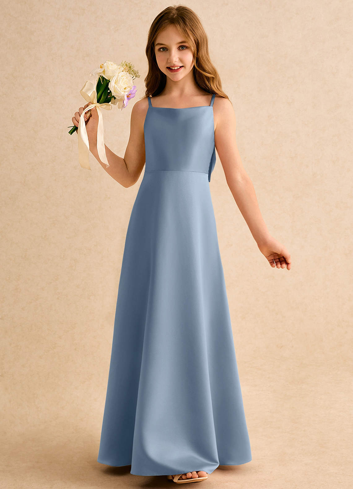 Azazie Joella Girls Formal Flower Girl Dresses Dusty Blue A-Line Pleated Matte Satin Dress image2