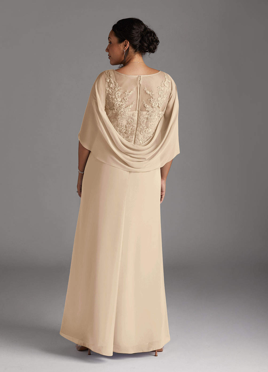 Azazie Hera Mother of the Bride Dresses Champagne A-Line Lace Capelet Chiffon Dress image6