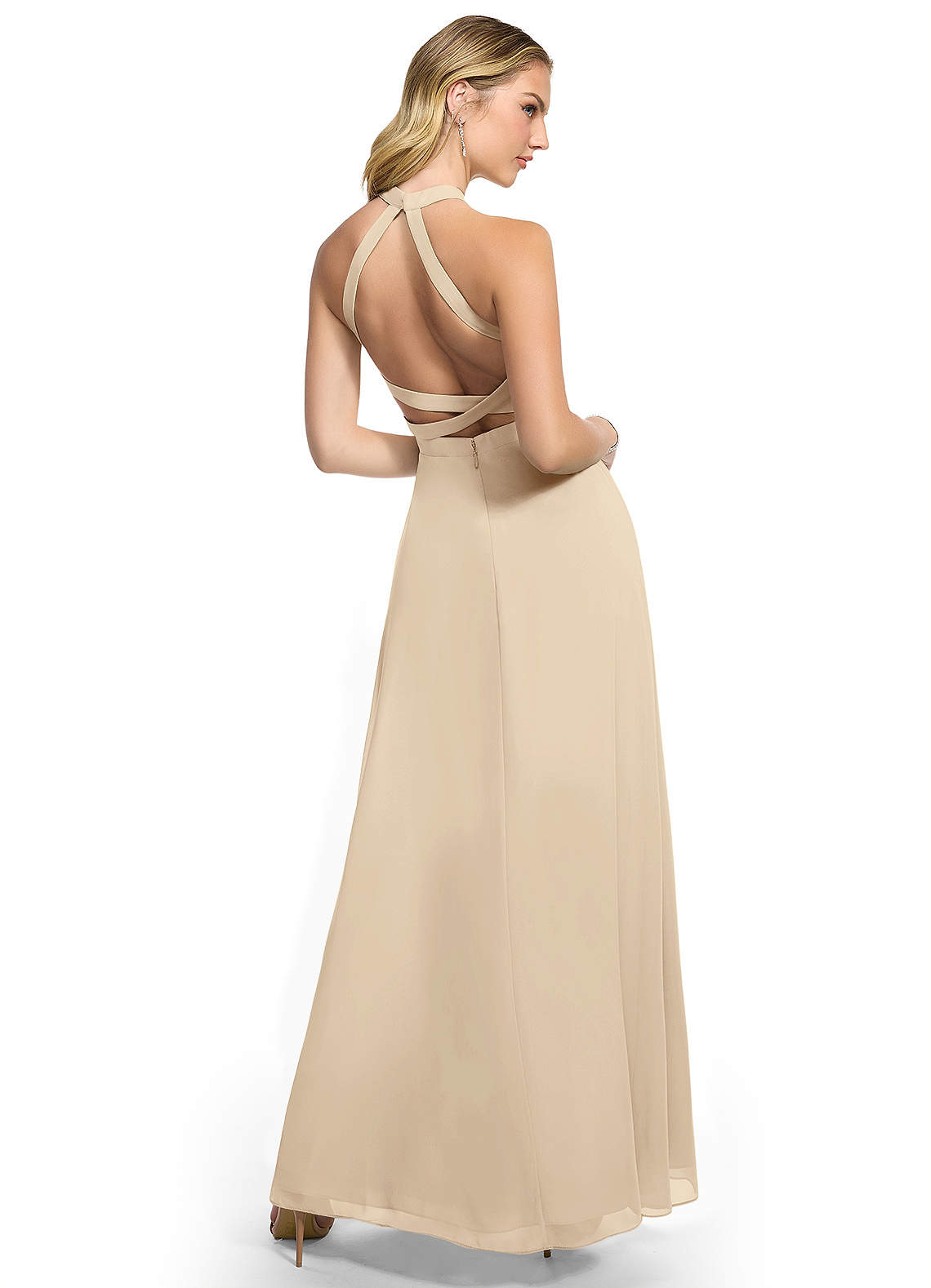 azazie champagne bridesmaid dresses Leonis line skirt paired with a leg slit. Azazie Clarice