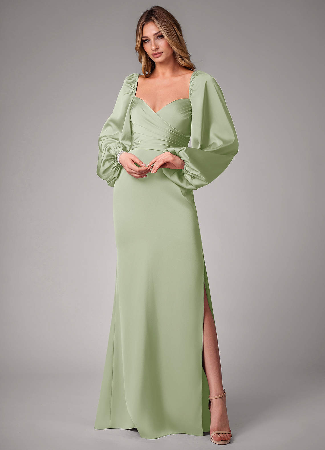 Azazie Sonata Bridesmaid Dresses Dusty Sage Sheath Long Sleeve Stretch Satin Convertible Dress image1