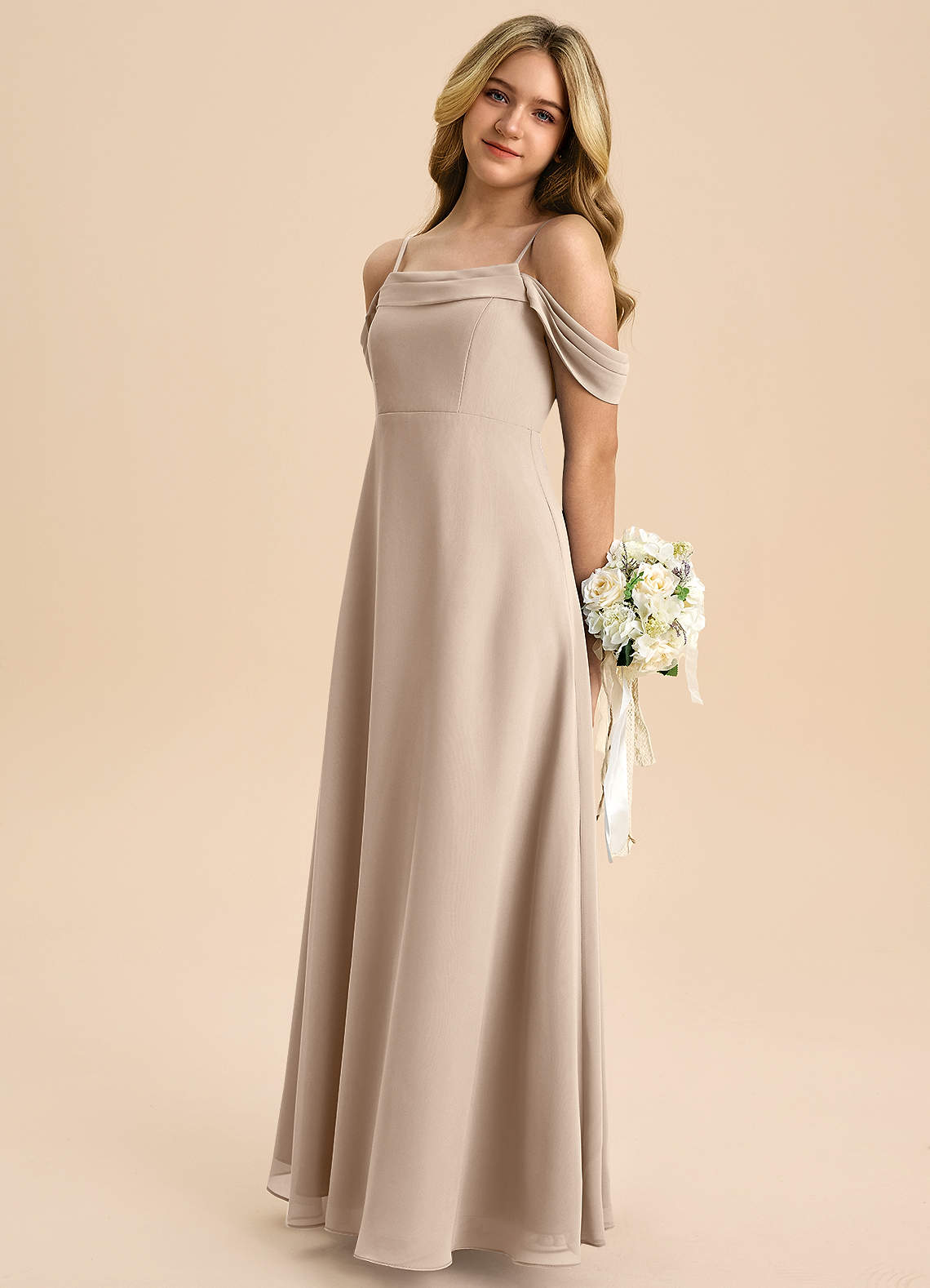 Azazie Anselie Junior A-Linie Schulterfrei Chiffon Kleid Taupe image4