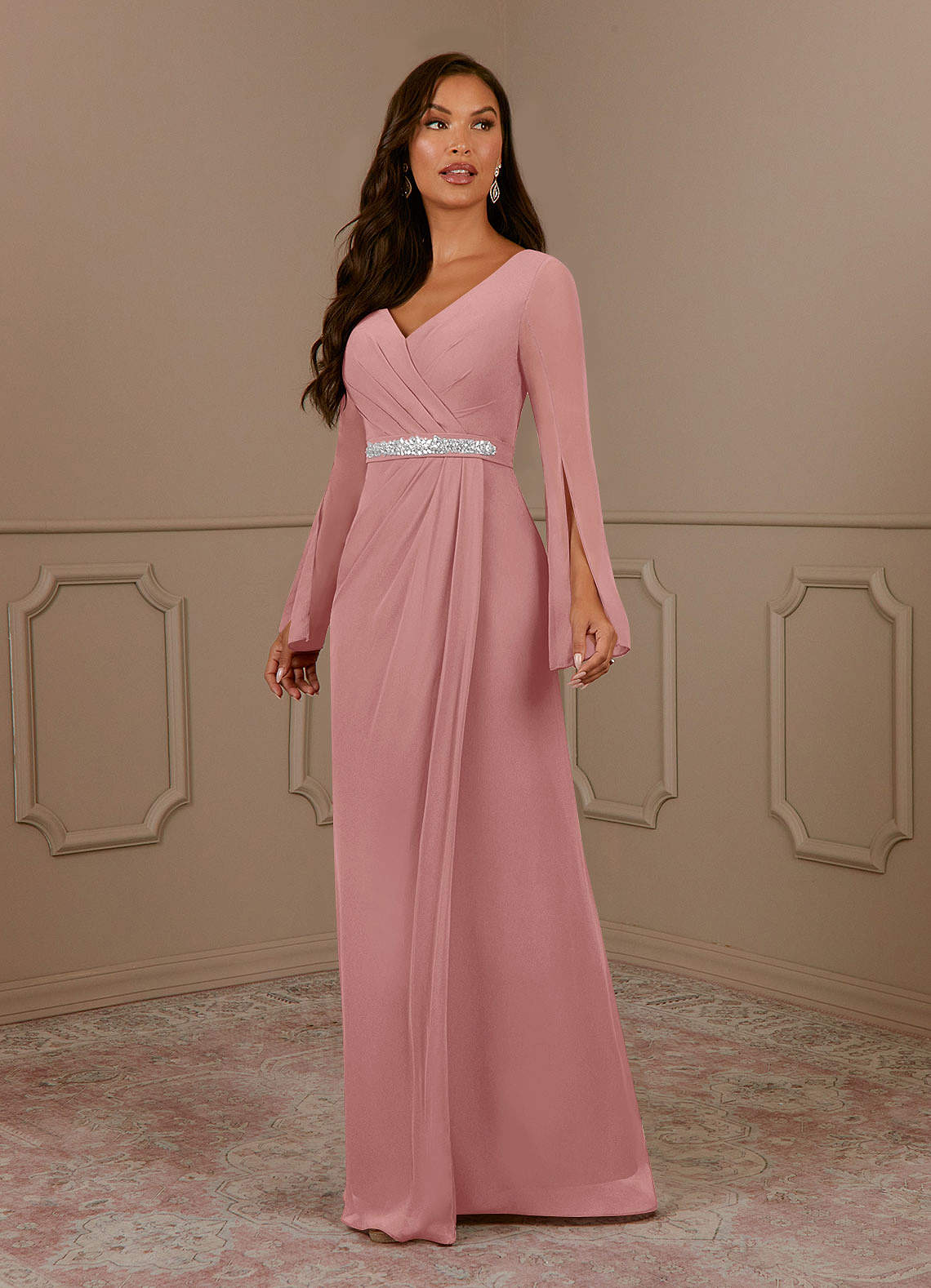 Azazie Belinda Dusty Rose A-Line V-Neck Pleated Chiffon Dress | Azazie