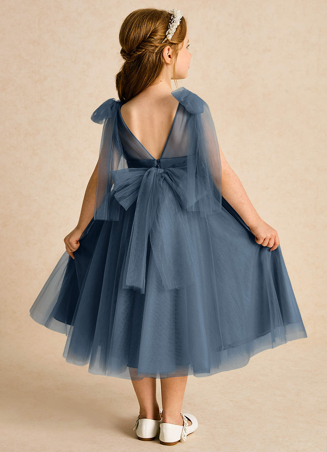Azazie Dori Robe Demoiselle D'honneur Fillette Robe Trapèze en Tulle Rayé Neptune image1