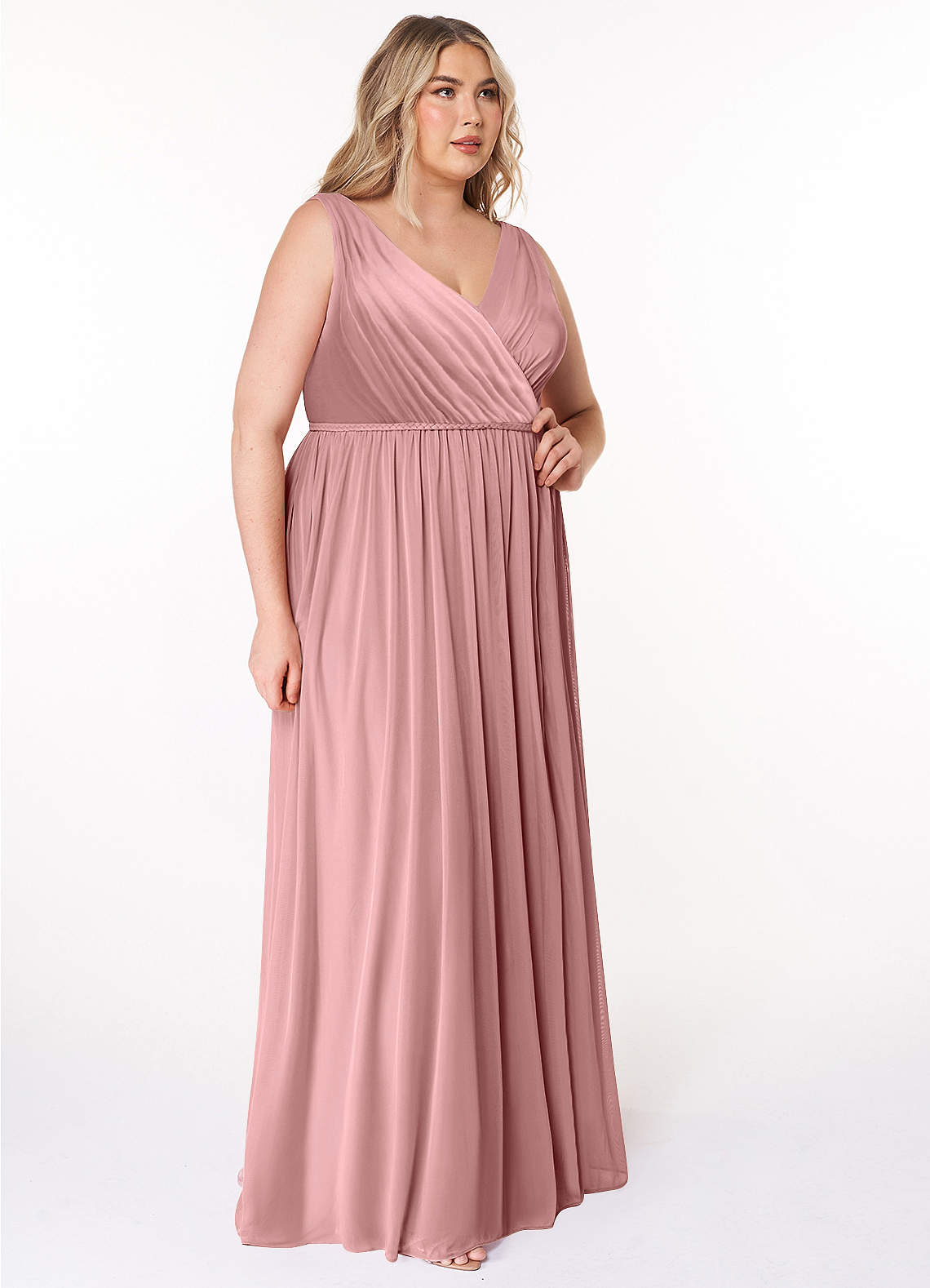 Azazie Tanicia Brautjungfernkleider A-Linie V-Hals Gefaltet Gittergewebe Kleid Altrosa image7